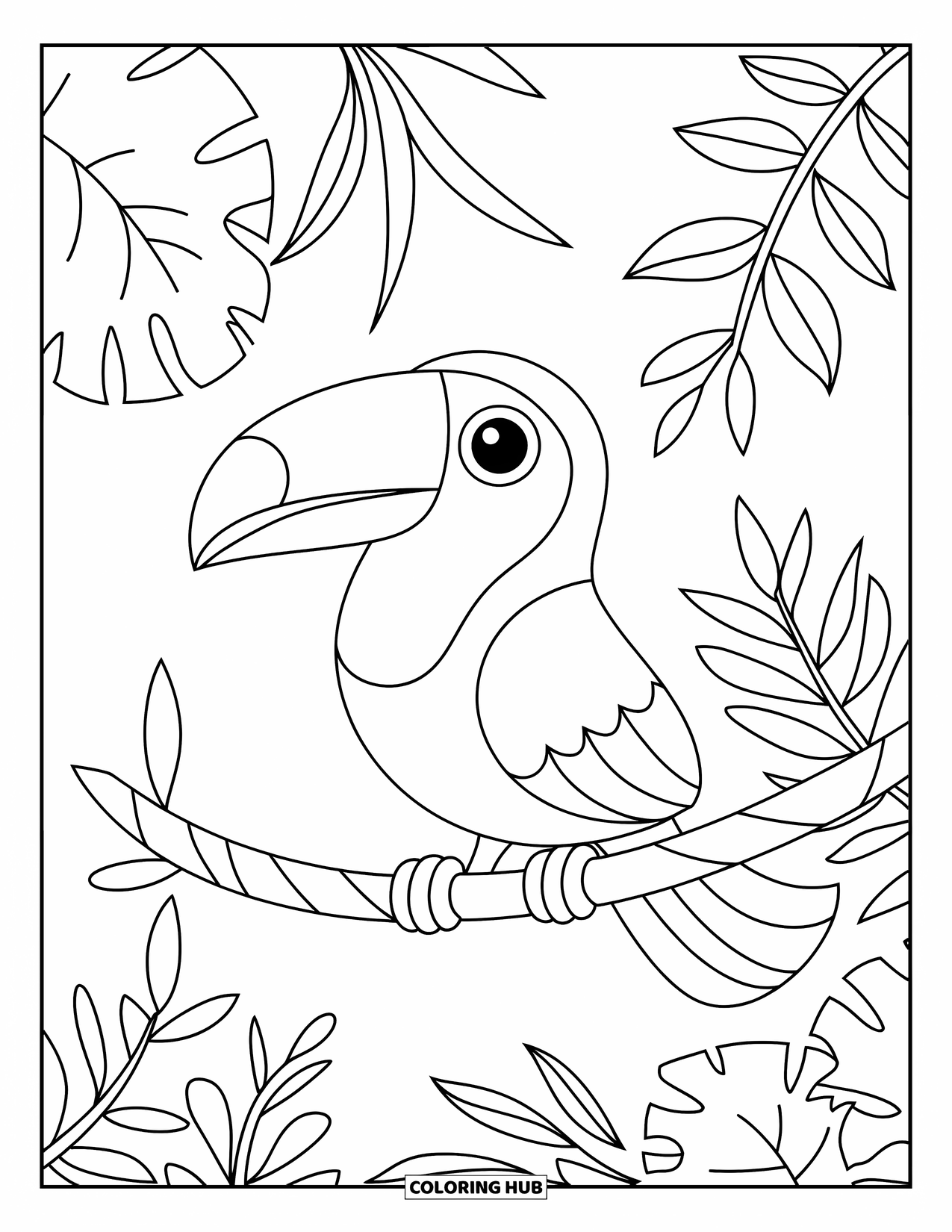 Tropical Coloring Page for Kids: Happy toucan sits on a jungle branch with leafy plants nearby