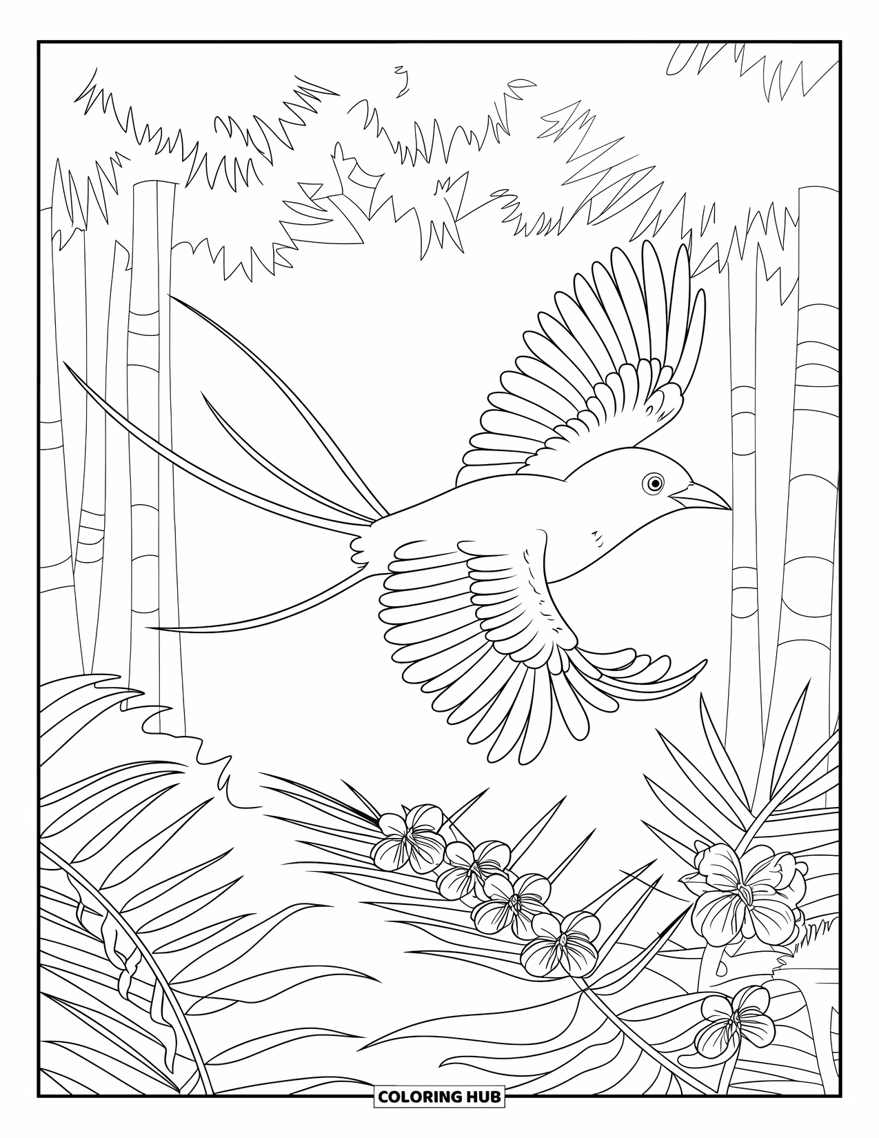Tropical Coloring Page for Kids: Jungle bird in mid-flight above palm leaves and flowering trees