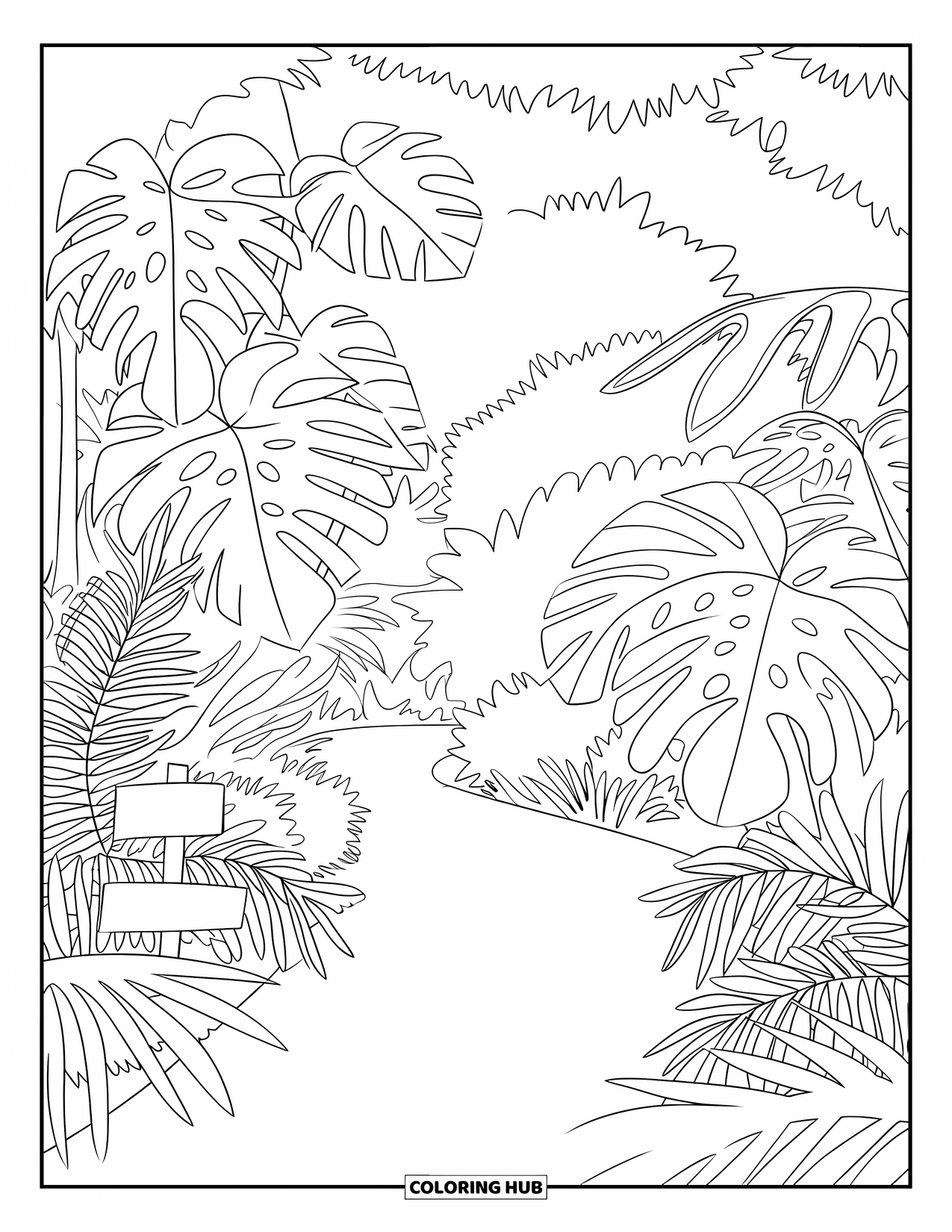 Tropical Coloring Page for Kids: Lush jungle path with monstera, palms, and a wooden sign