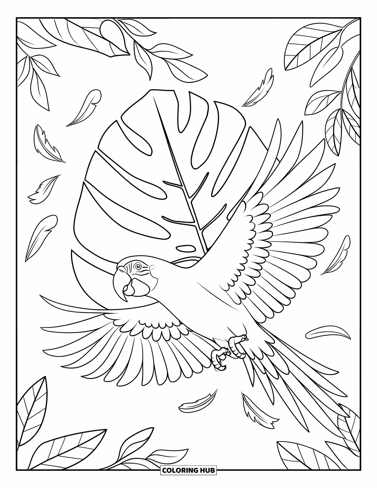 Tropical Coloring Page for Kids: Parrot flying past tropical leaves with feathers scattered around