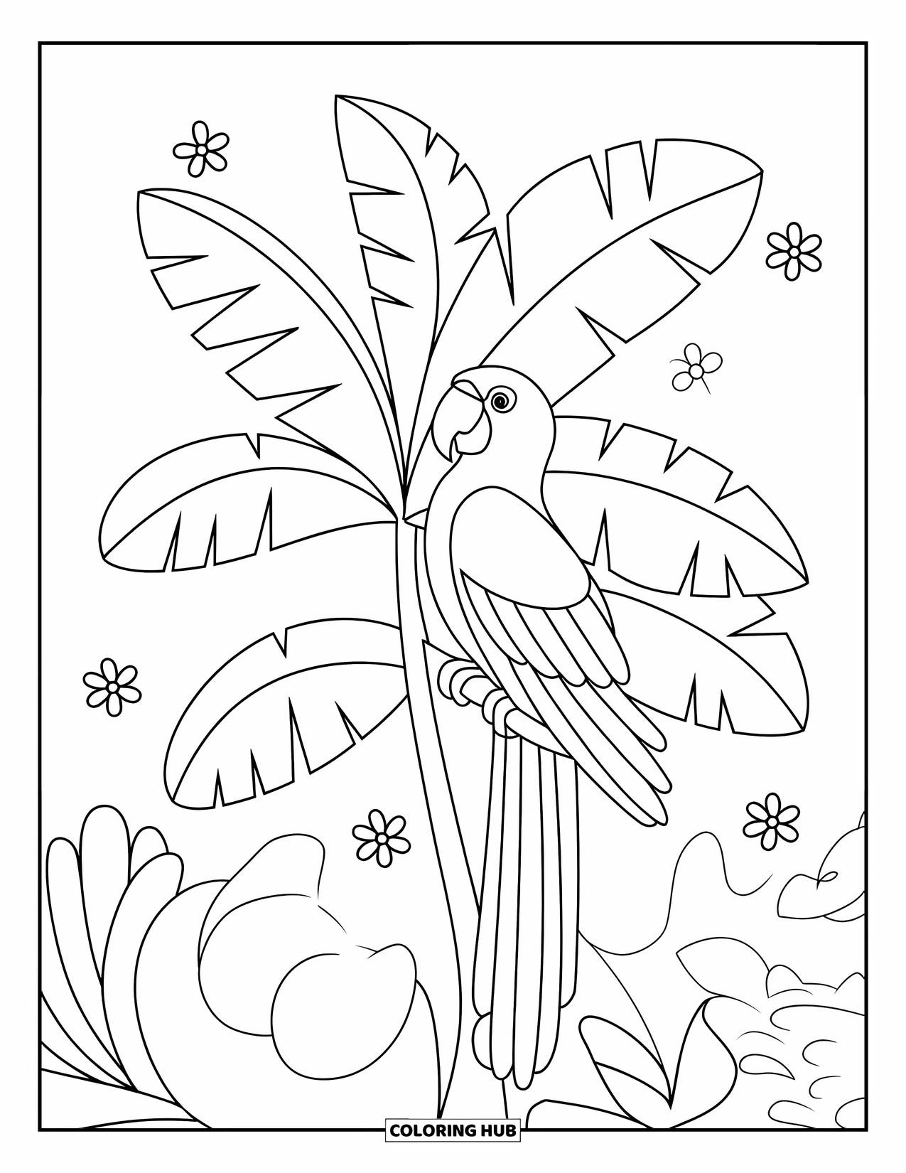 Tropical Coloring Page for Kids: Parrot rests on a banana tree surrounded by leafy swirls and blooms