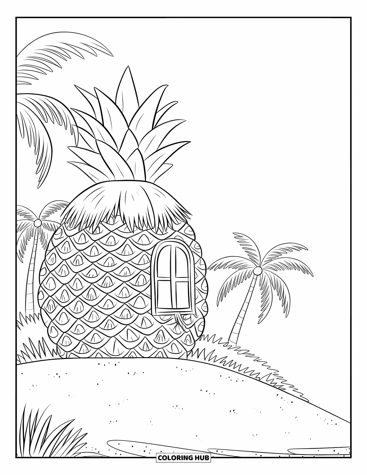 Tropical Coloring Page for Kids: Pineapple-shaped beach house with a window and palm trees