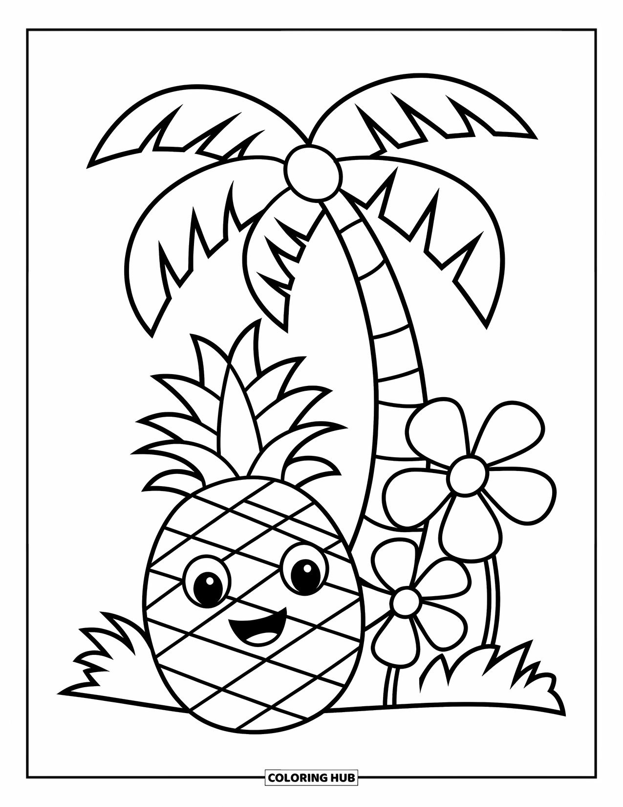 Tropical Coloring Page for Kids: Pineapple with a cheerful face and flowers under a palm tree