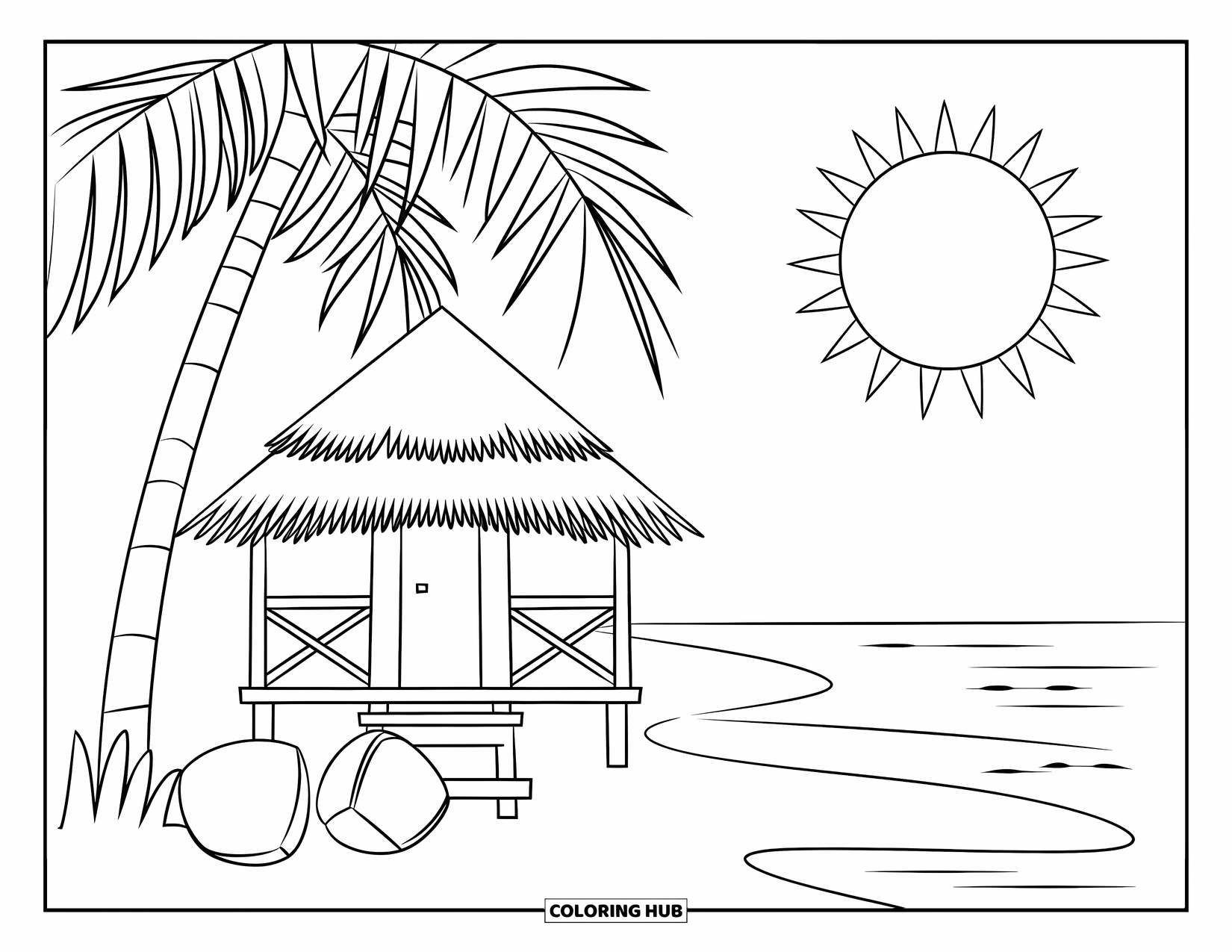 Tropical Coloring Page for Kids: Simple beach hut with coconuts and a smiling sun overhead