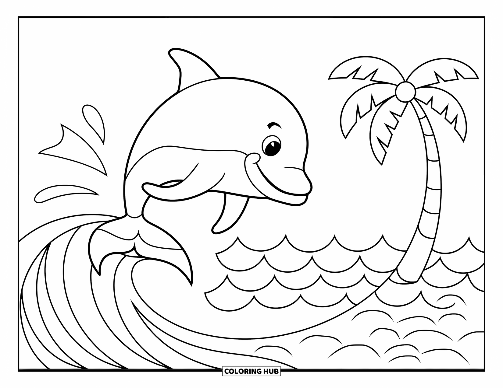 Tropical Coloring Page for Kids: Smiling dolphin jumps over a wave with a palm tree far away