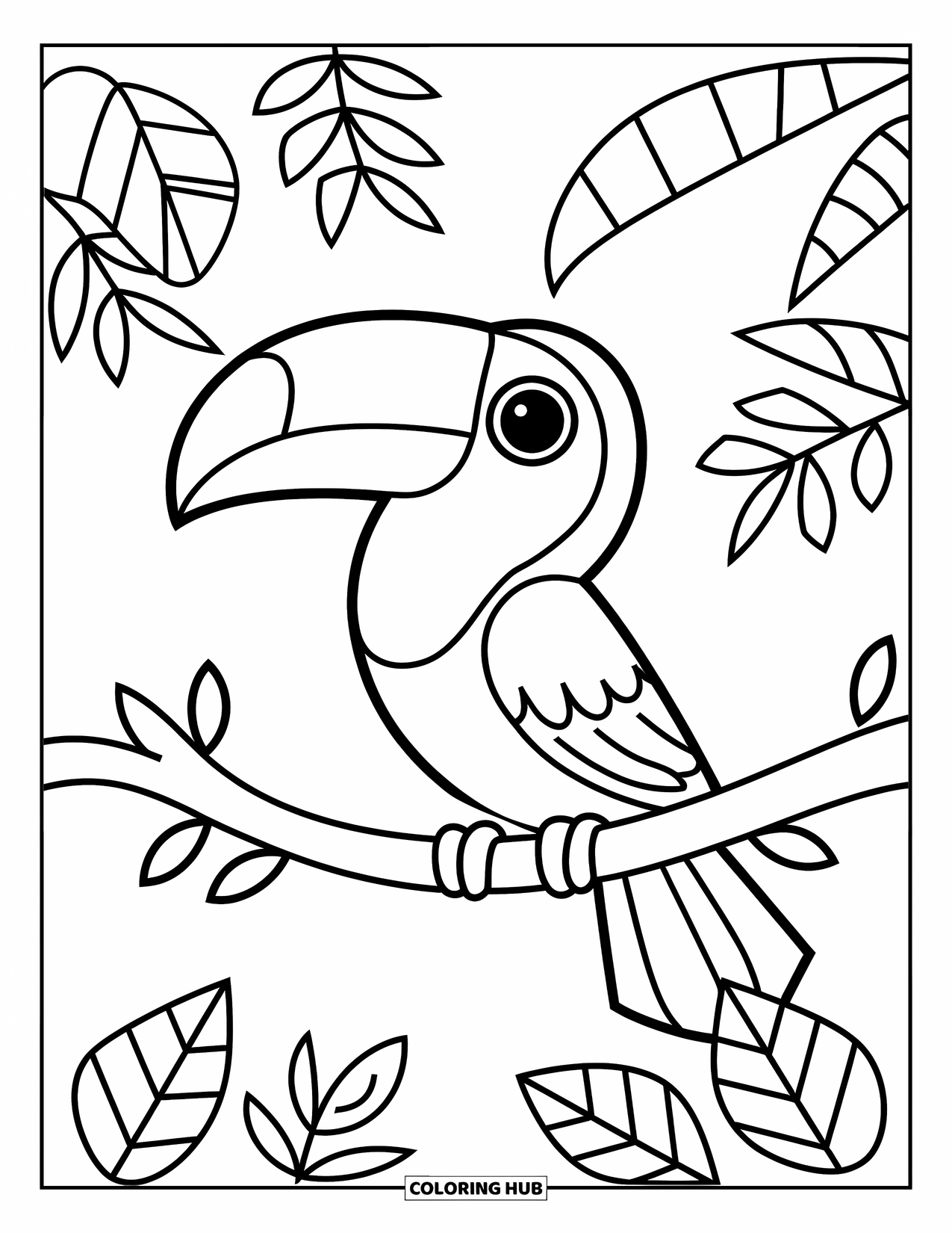 Tropical Coloring Page for Kids: Smiling toucan with a big beak sitting on a leafy jungle branch