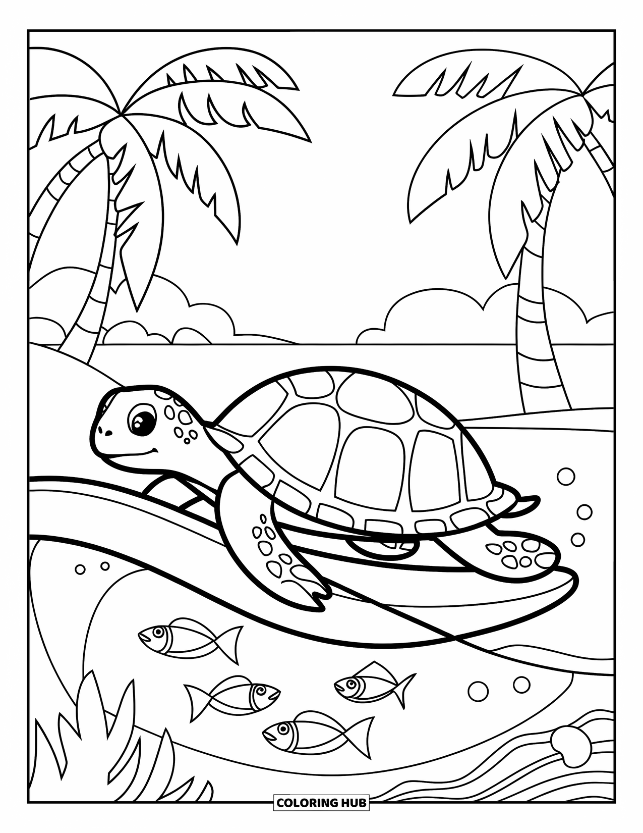 Tropical Coloring Page for Kids: Smiling turtle surfs a gentle wave with fish and palm trees around