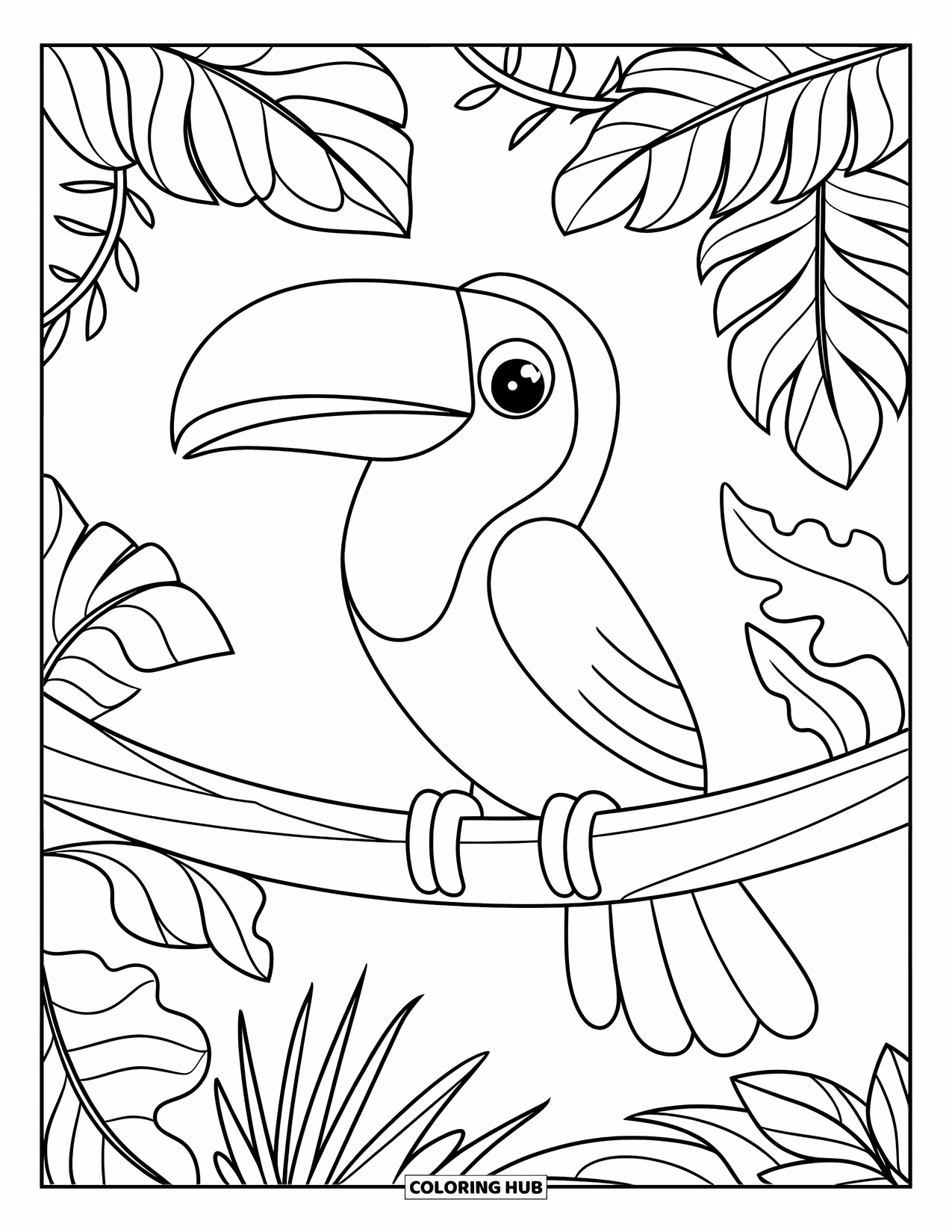 Tropical Coloring Page for Kids: Toucan sitting on a jungle branch surrounded by leafy vines