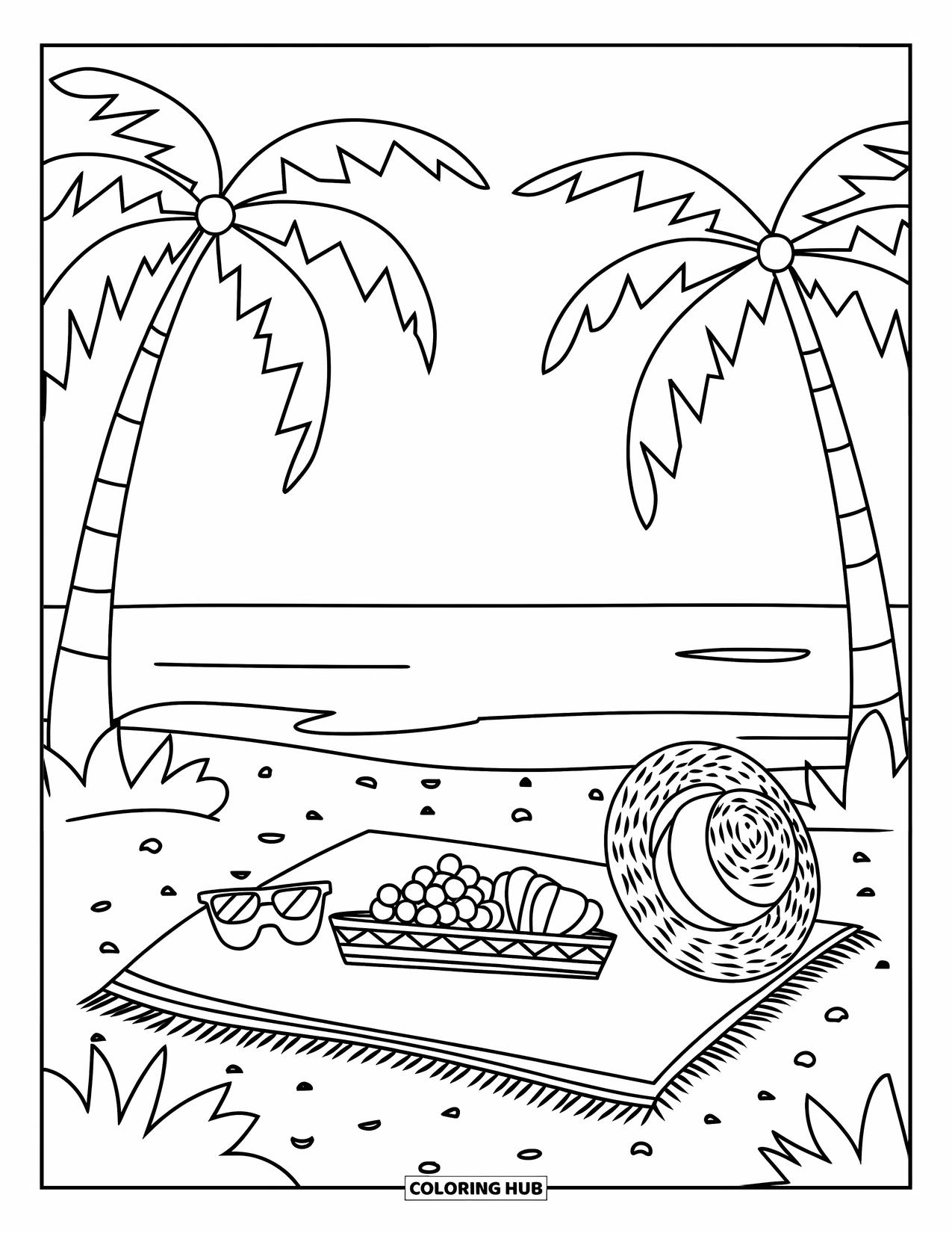 Tropical Coloring Page for Kids: Tropical beach picnic with fruit, sunglasses, and a straw hat