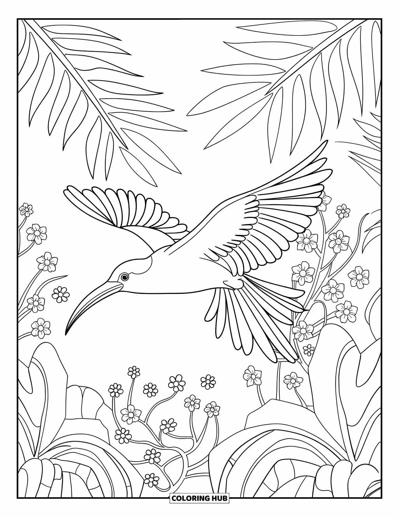 Tropical Coloring Page for Kids: Tropical bird perched near palm trees and blooming white flowers