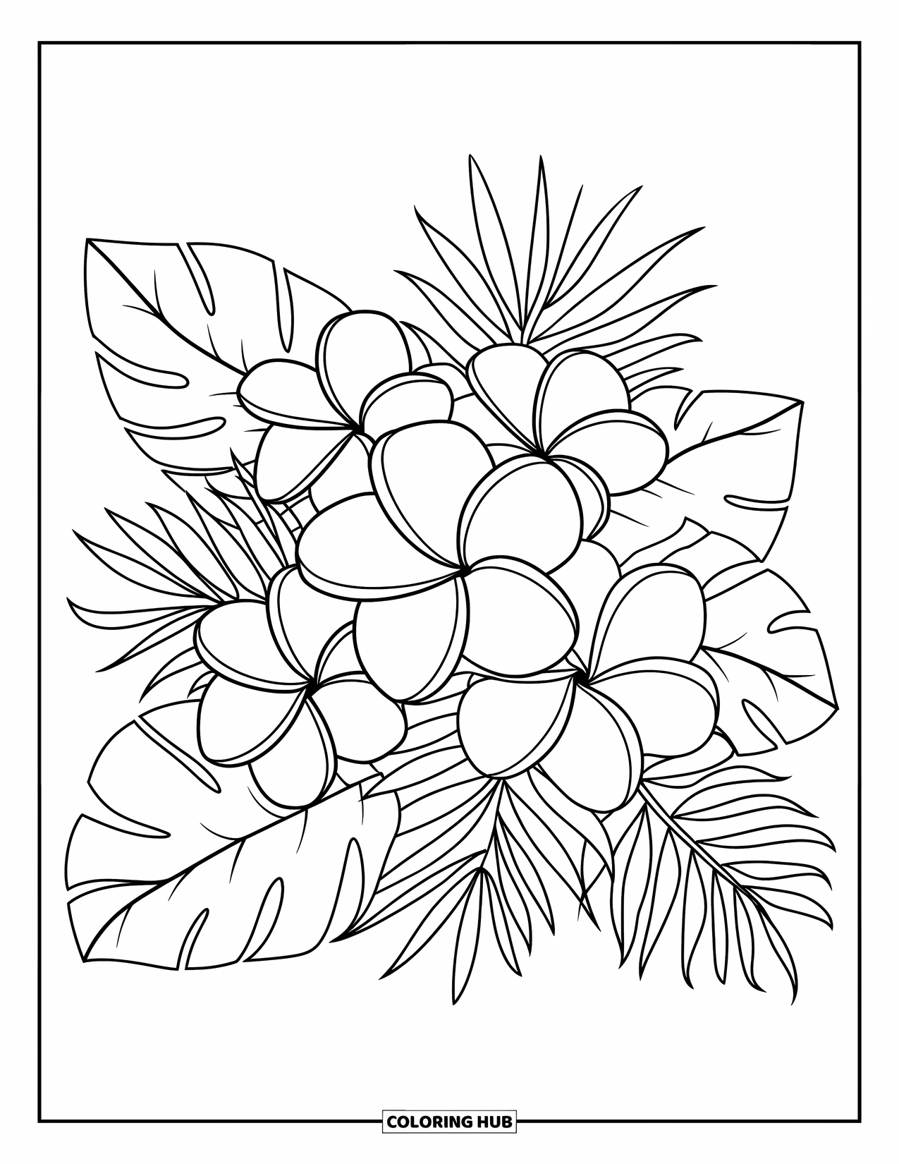 Tropical Coloring Page for Kids: Tropical flower cluster with hibiscus, plumeria, and fun leafy shapes