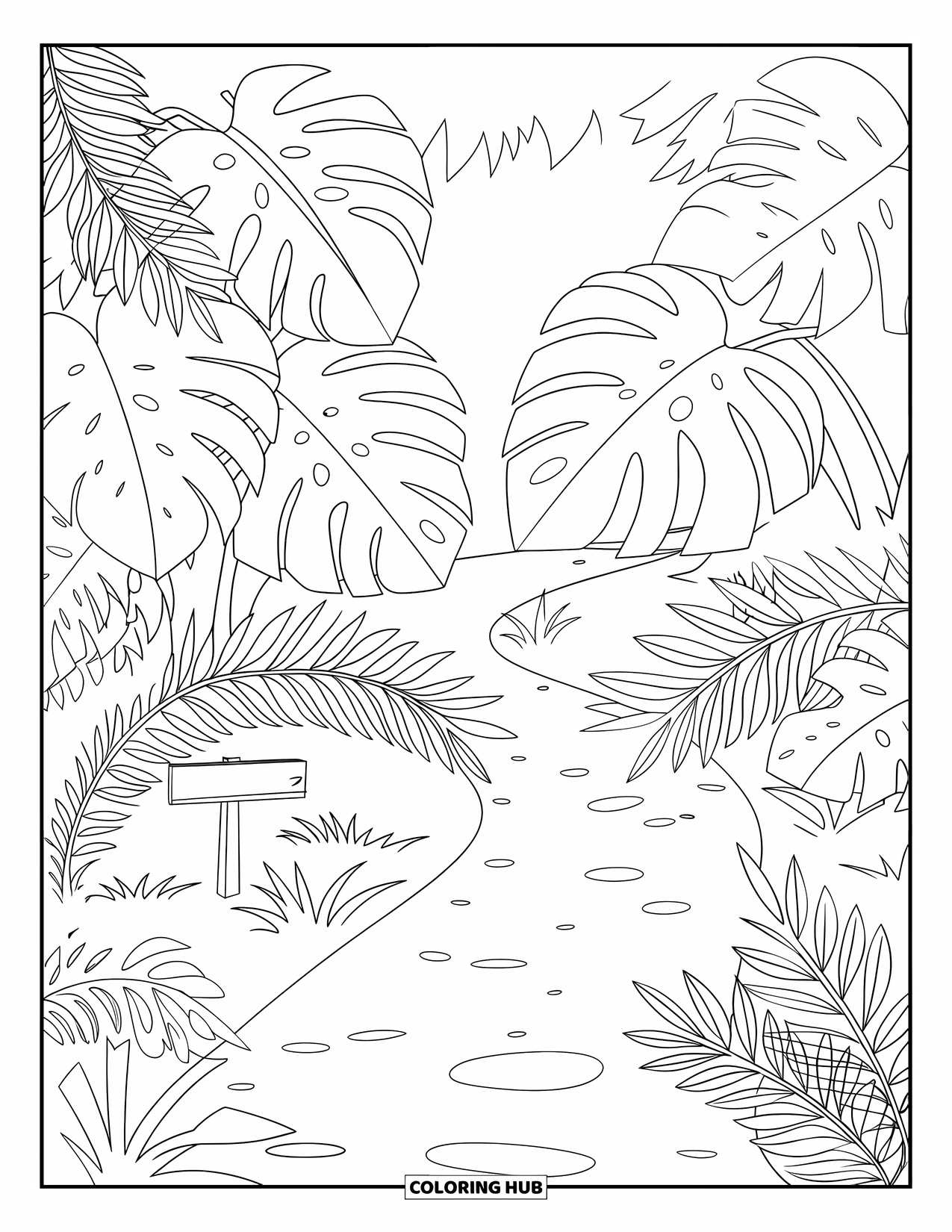 Tropical Coloring Page for Kids: Tropical path with big leaves and a wooden sign in the jungle