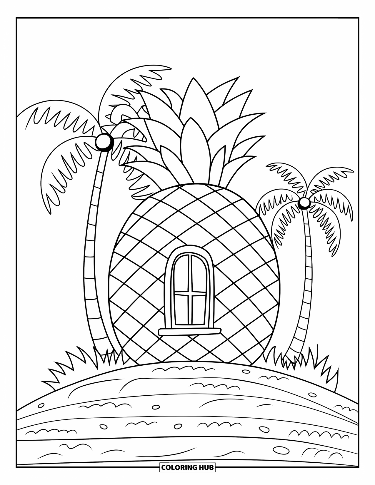 Tropical Coloring Page for Kids: Tropical pineapple house with a window and palm trees nearby