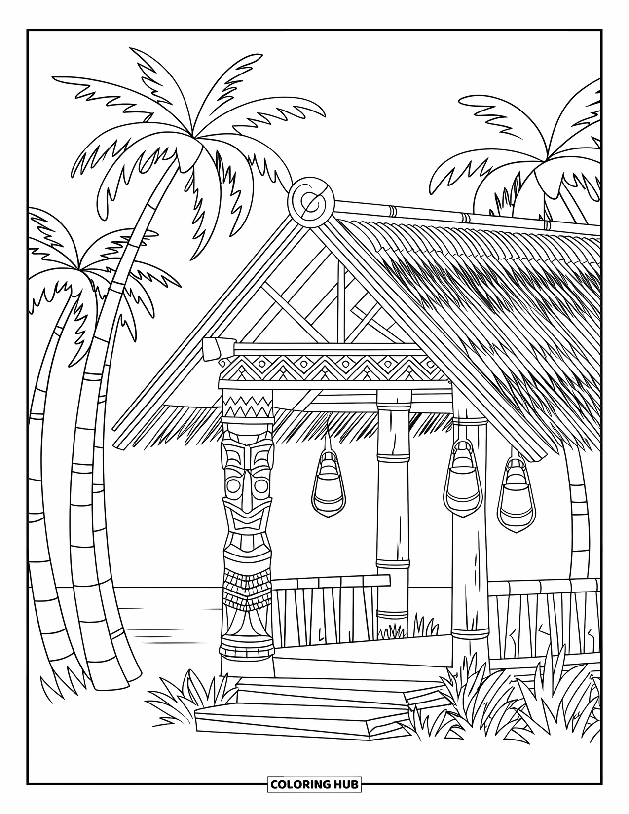 Tropical Coloring Page for Kids: Tropical tiki hut with lanterns and palm trees by the water