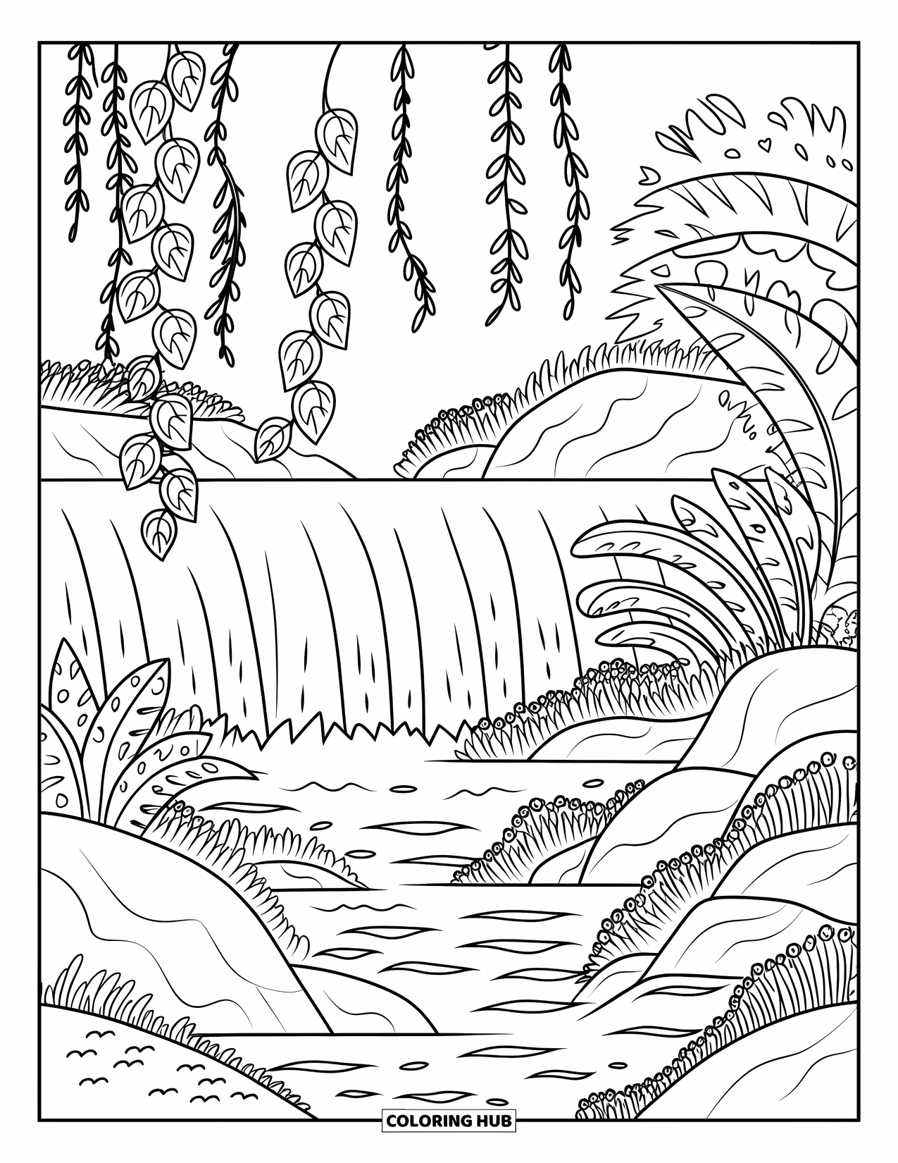 Tropical Coloring Page for Kids: Tropical waterfall scene with hanging vines and mossy rocks