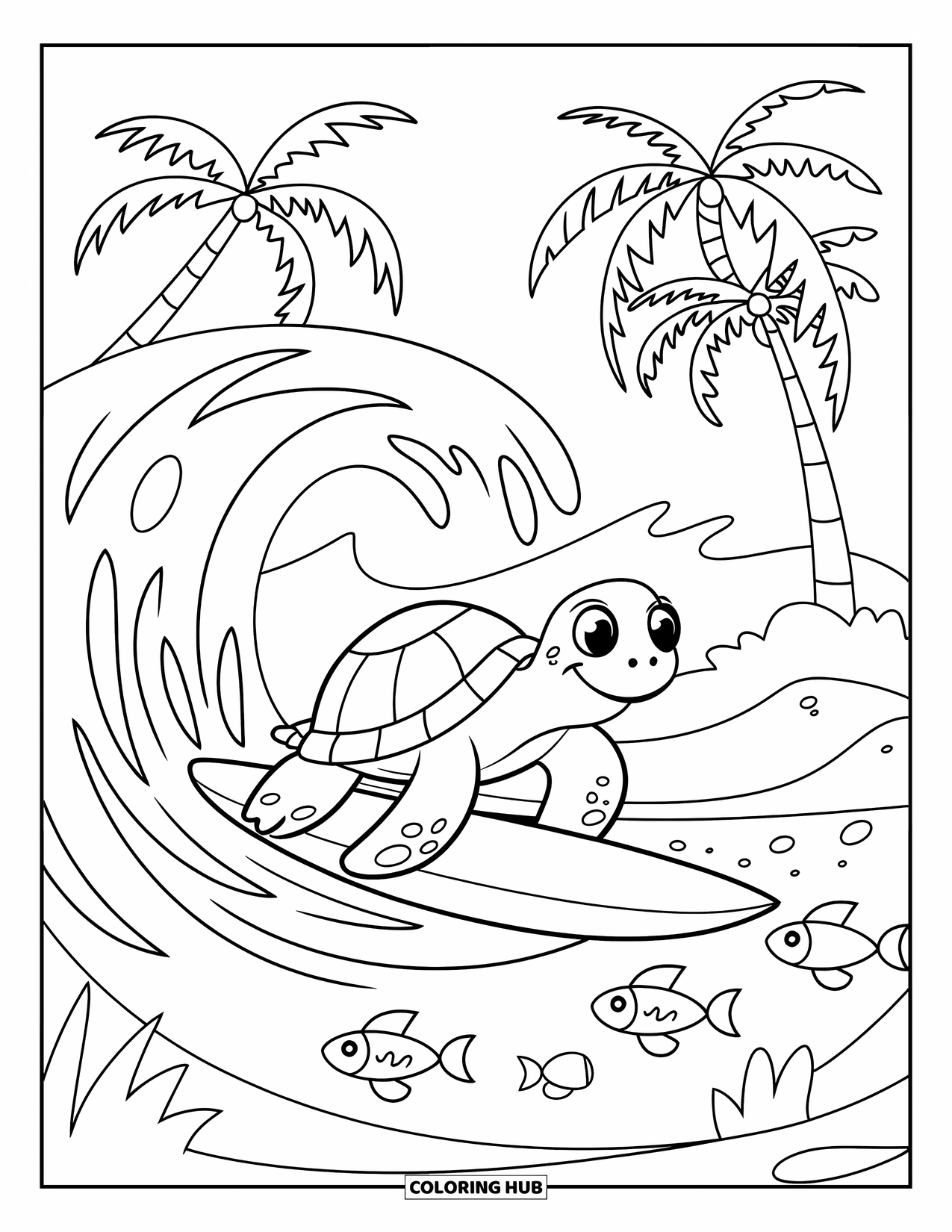 Tropical Coloring Page for Kids: Turtle rides a wave while fish swim underneath and palms sway nearby