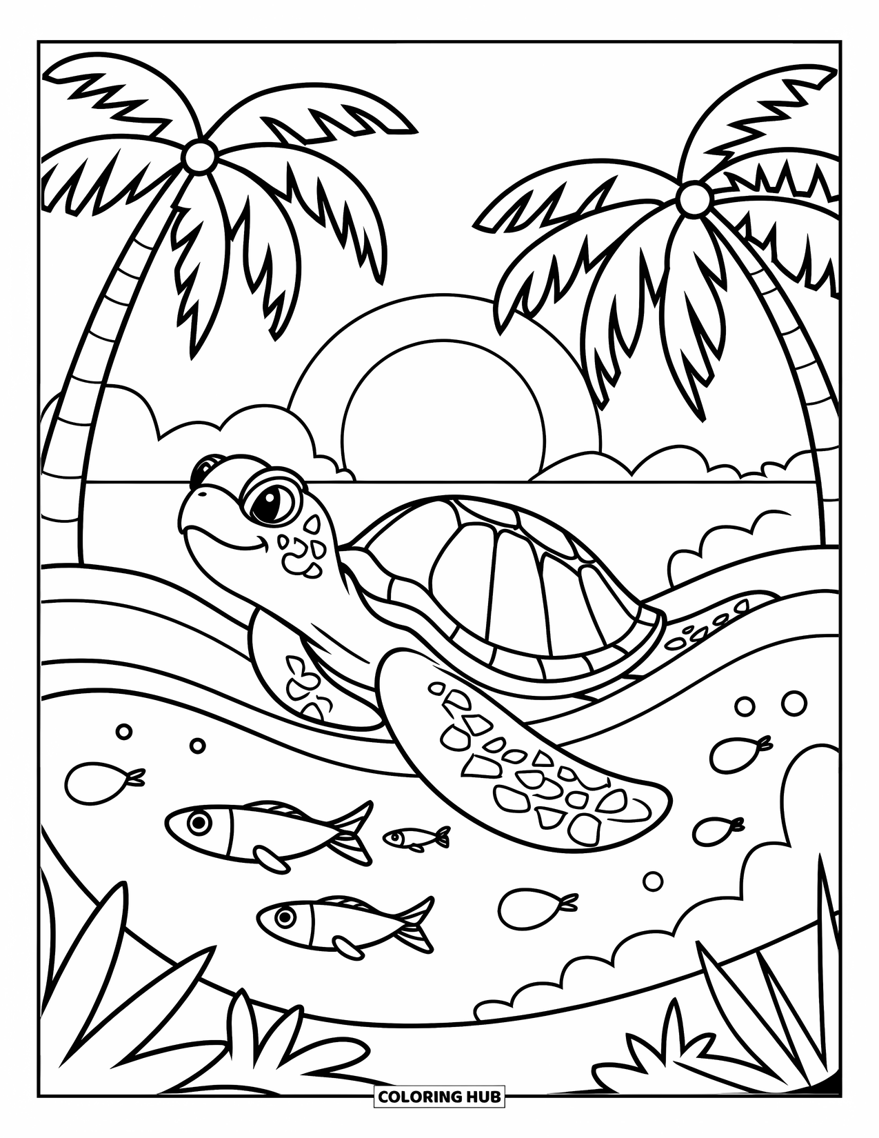 Tropical Coloring Page for Kids: Turtle surfs a wave near fish and palm trees at sunset