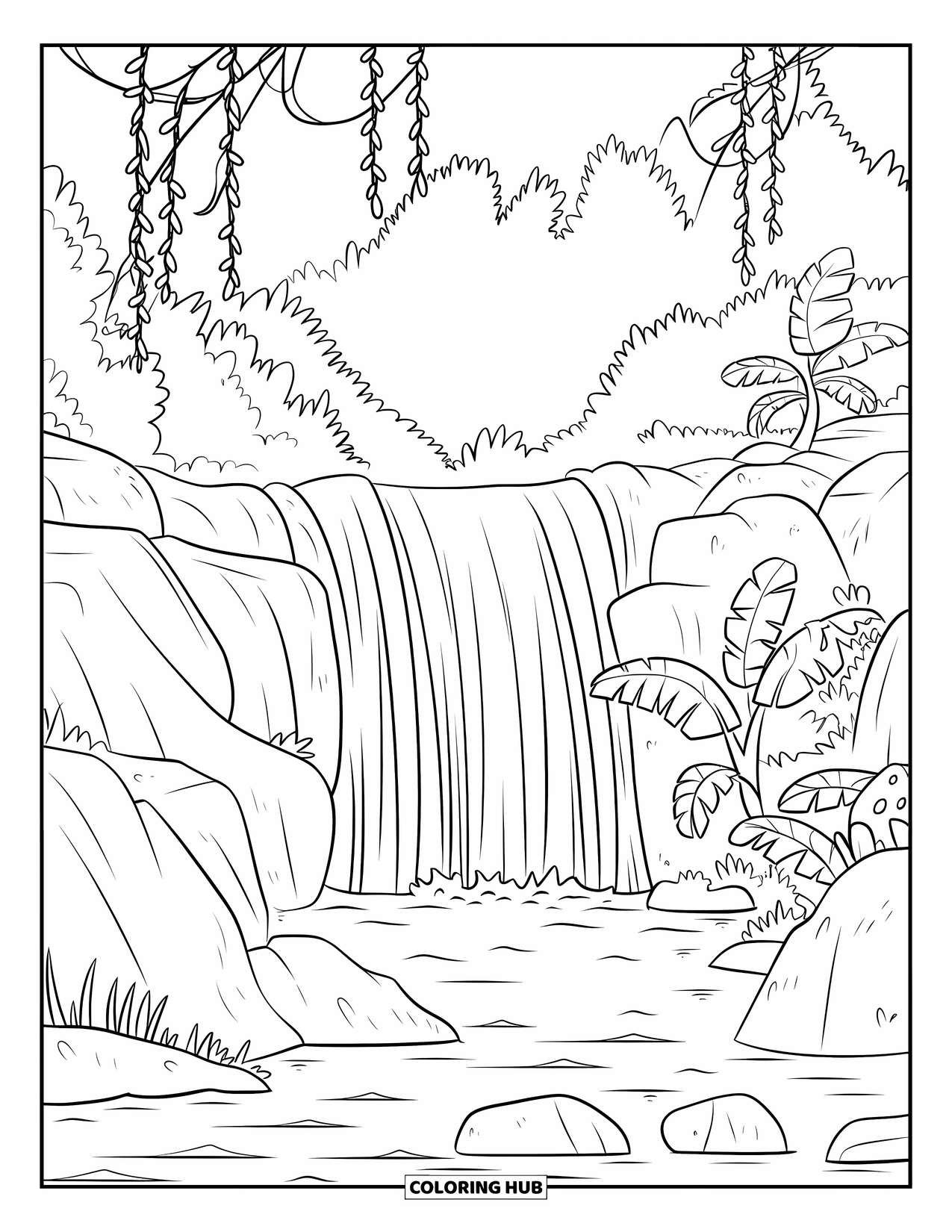 Tropical Coloring Page for Kids: Waterfall flowing into a pool surrounded by vines and banana plants
