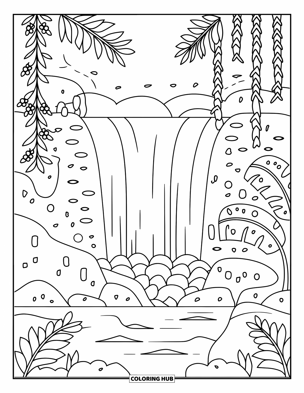 Tropical Coloring Page for Kids: Waterfall with banana plants and rocks in a peaceful setting