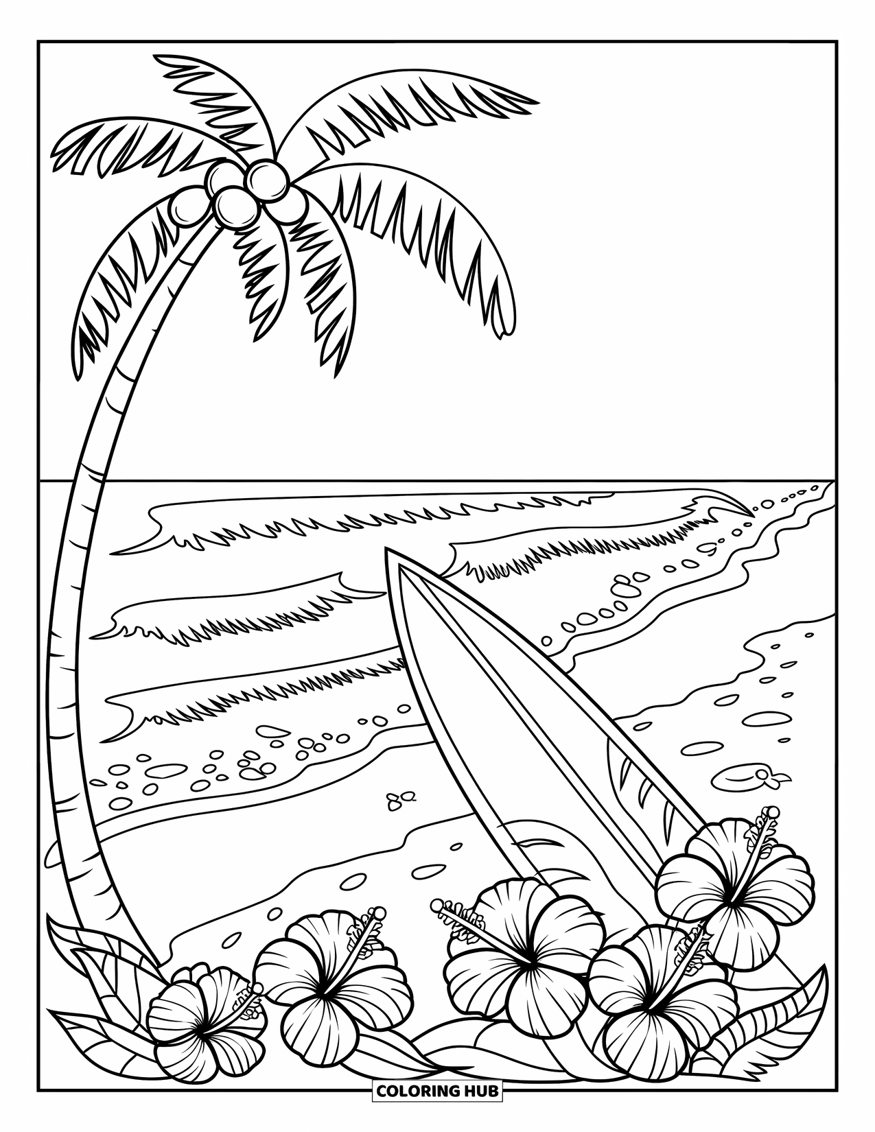 Tropical Coloring Page for Kids: Waves crash near a surfboard and blooming hibiscus on the beach