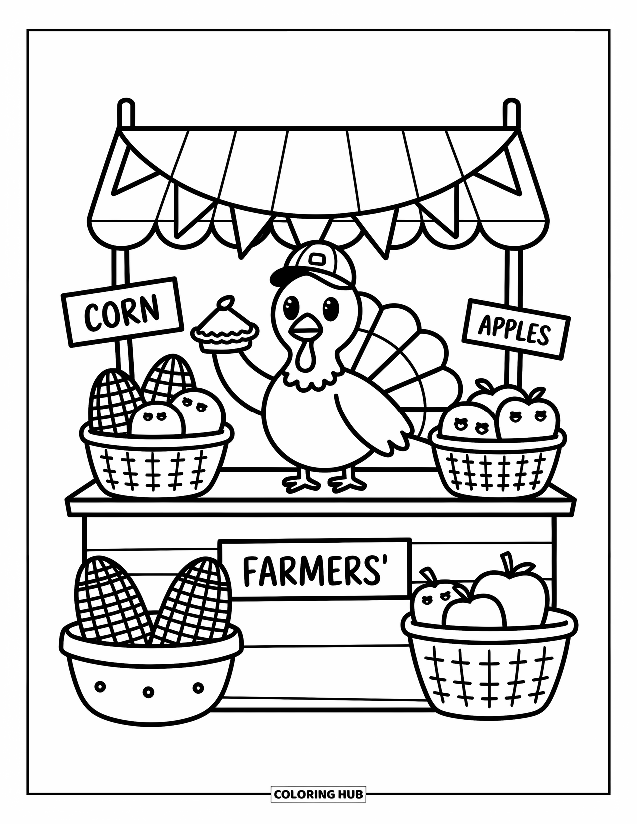 Turkey Coloring Page for Adults: A cheerful turkey runs a cute market stand selling corn, pie, and apples