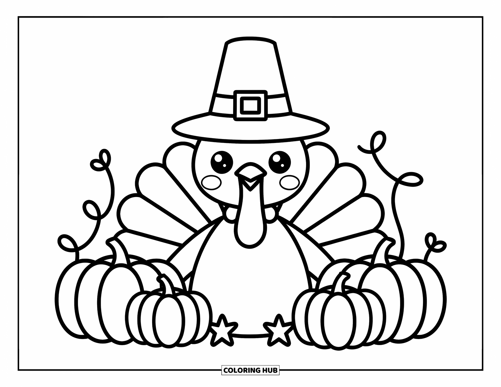 Turkey Coloring Page for Adults: A cozy turkey in a big hat sits among pumpkins wrapped in playful vines