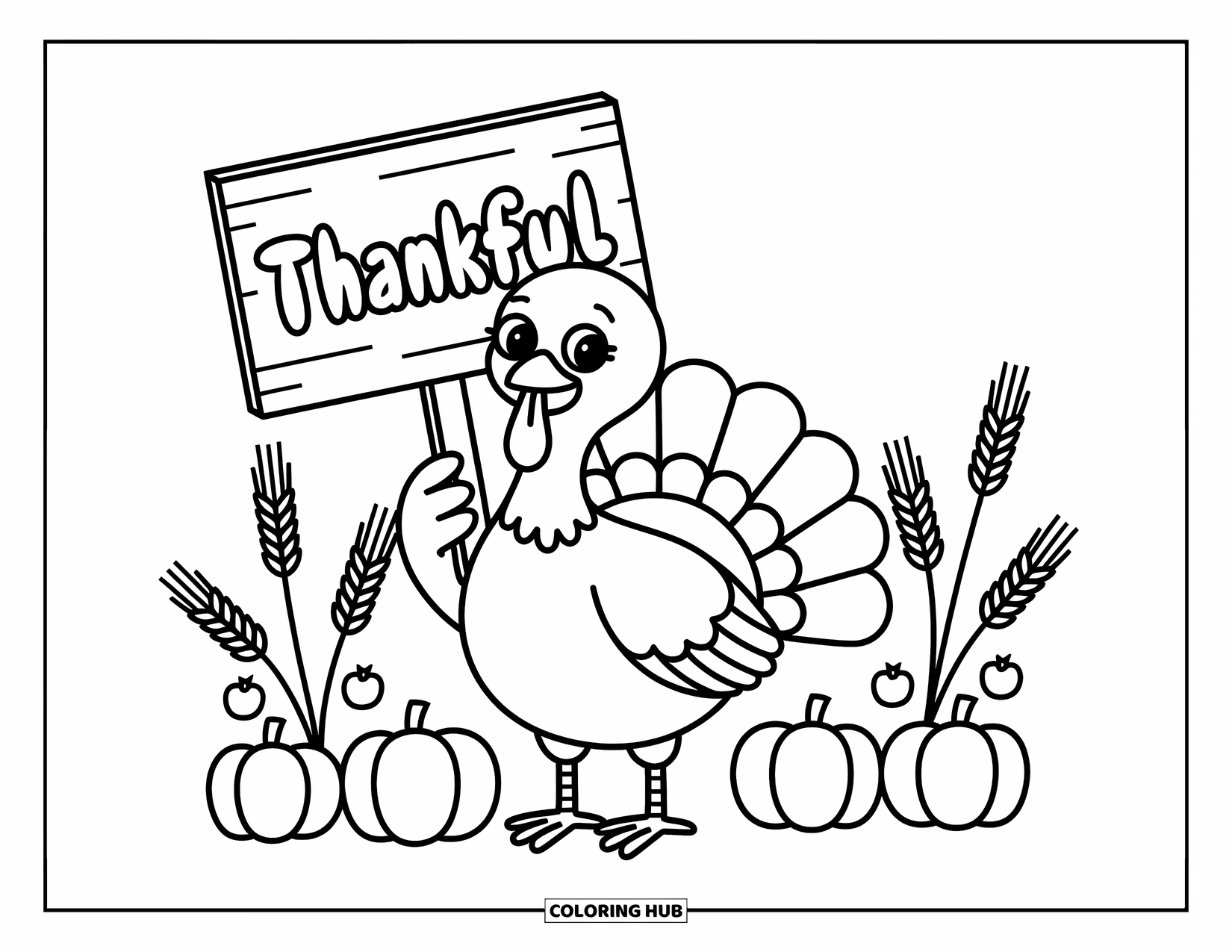 Turkey Coloring Page for Adults: A cute turkey with a "Thankful" sign stands among tiny pumpkins and wheat stalks