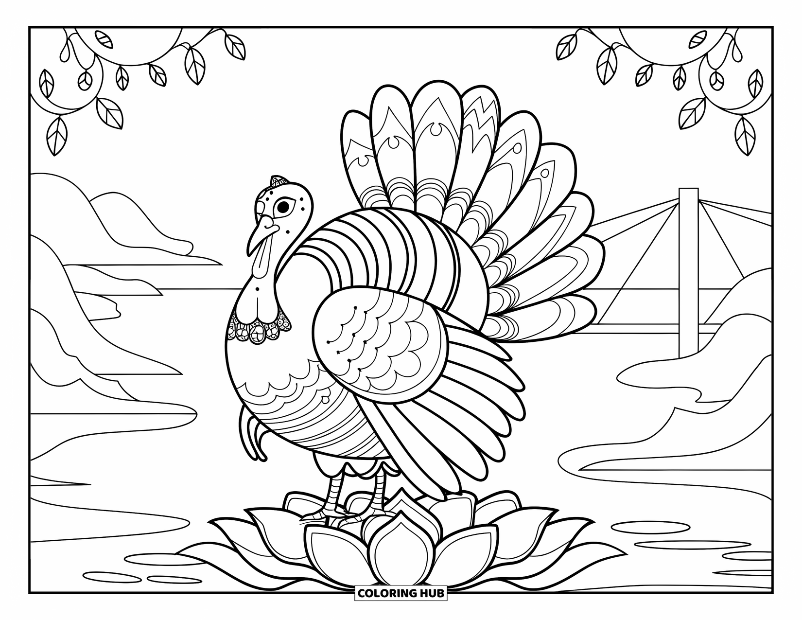 Turkey Coloring Page for Adults: A graceful turkey with flowing feathers stands on a lotus flower near mountains and water