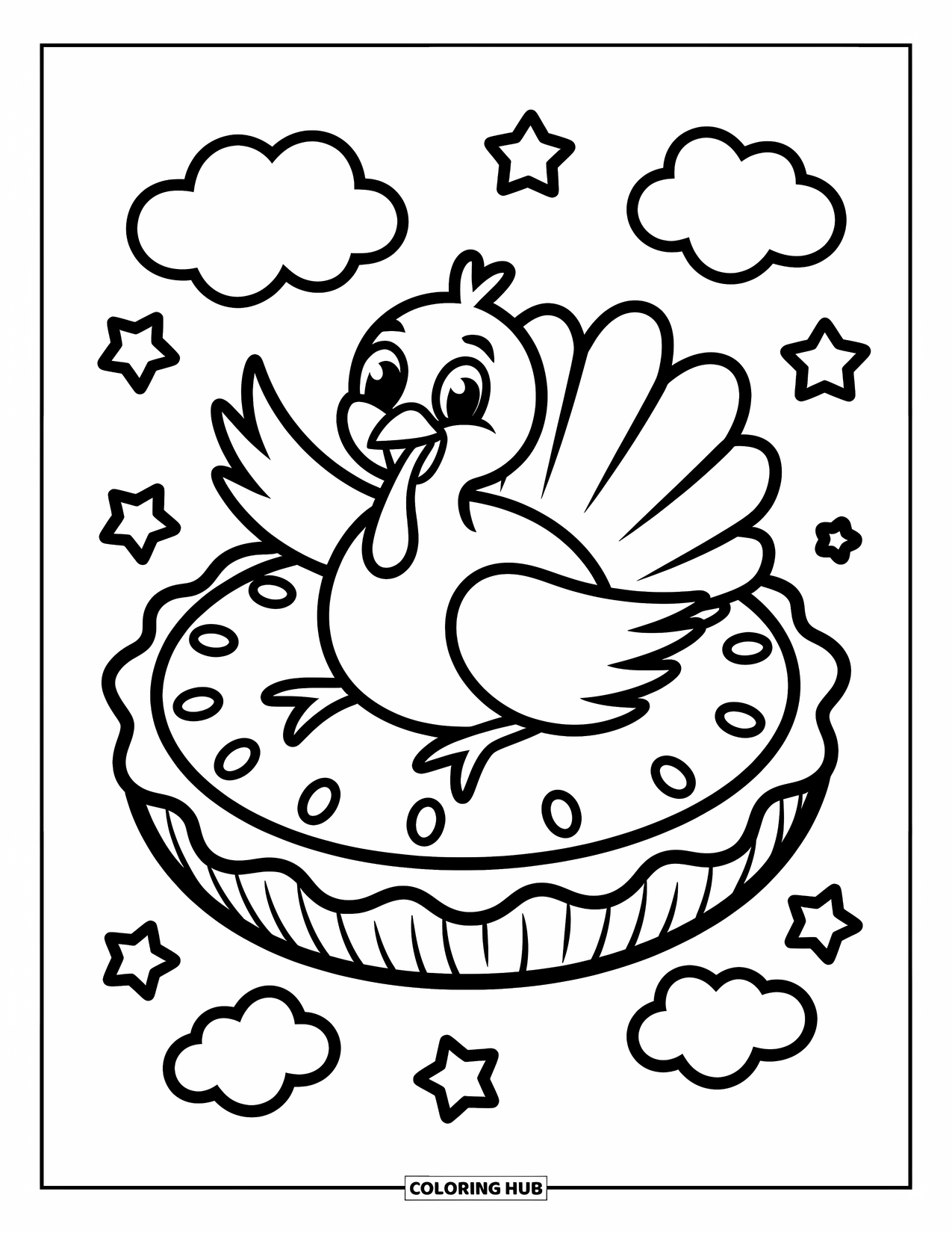 Turkey Coloring Page for Adults: A happy turkey waves from a giant pie float with playful clouds and stars