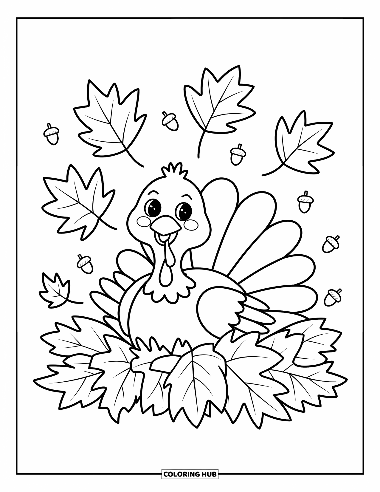 Turkey Coloring Page for Adults: A joyful turkey snuggles into a big pile of falling autumn leaves
