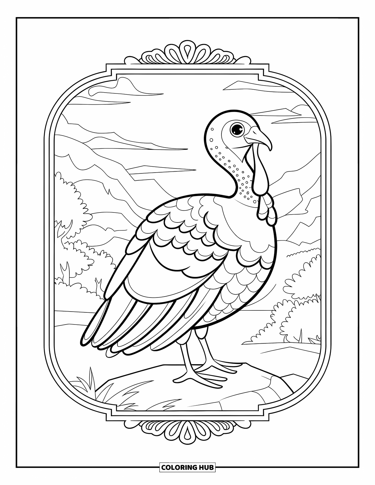 Turkey Coloring Page for Adults: A patterned turkey stands on a rock within a frame, surrounded by trees and clouds