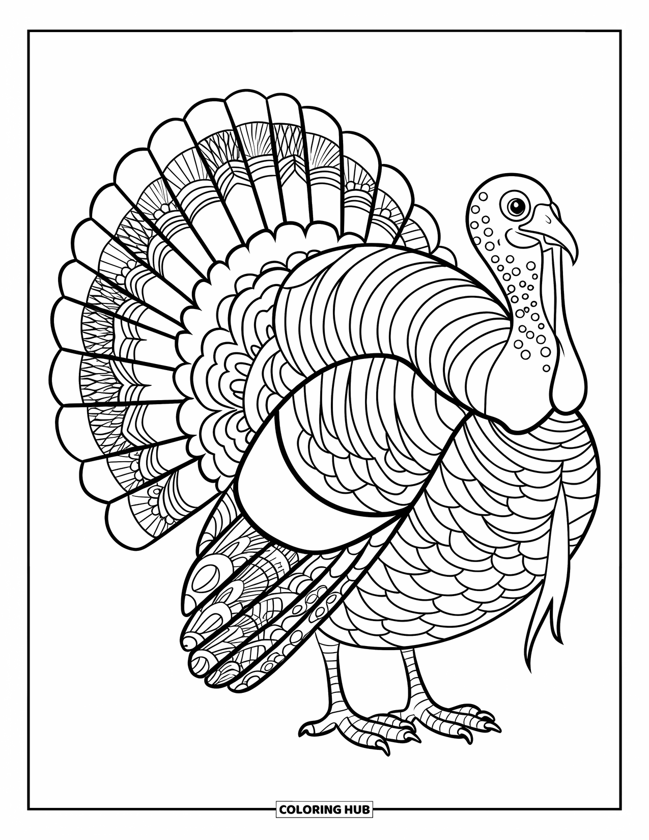 Turkey Coloring Page for Adults: A patterned turkey with mandala feathers stands alone, ready for a creative moment