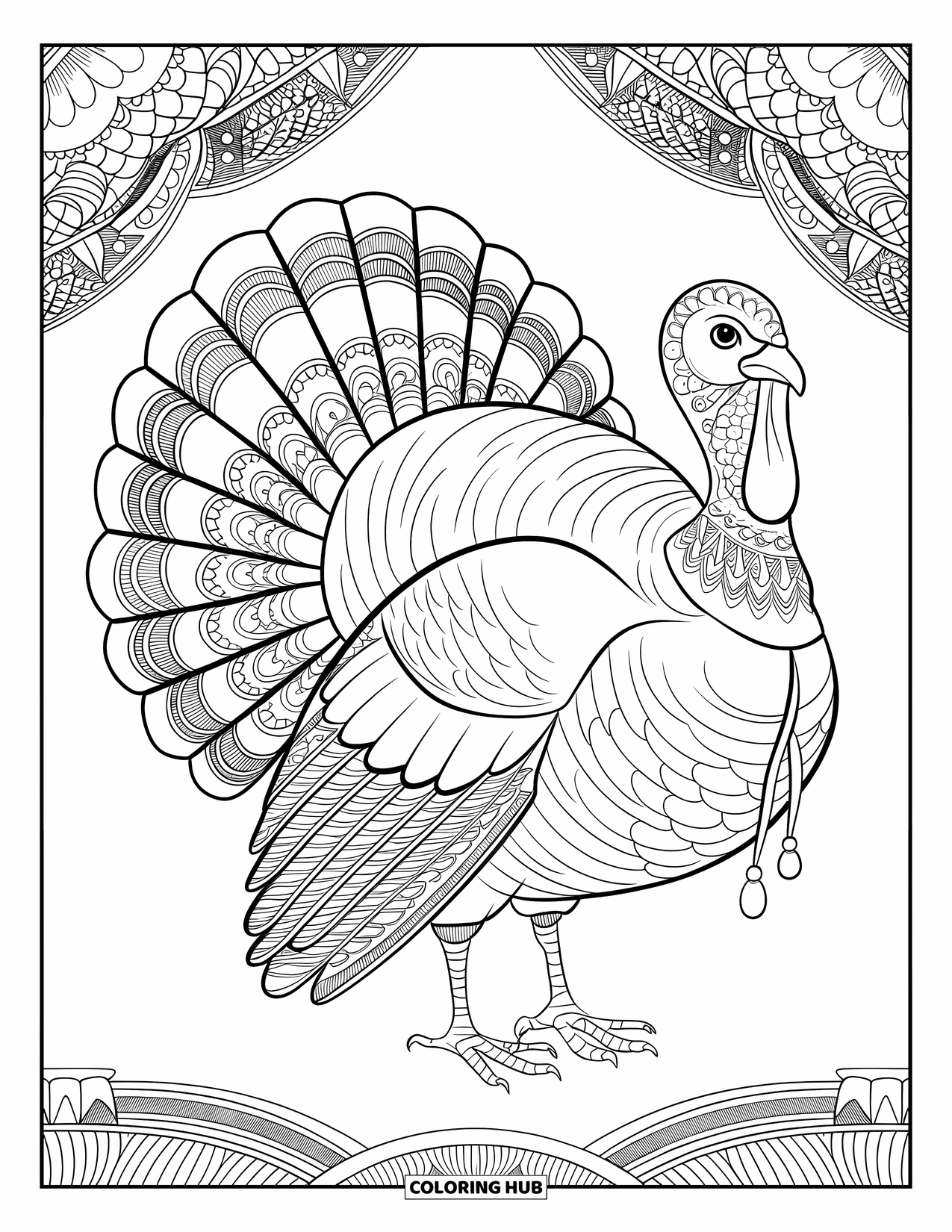 Turkey Coloring Page for Adults: A patterned turkey with mandala feathers stands on a textured background full of details