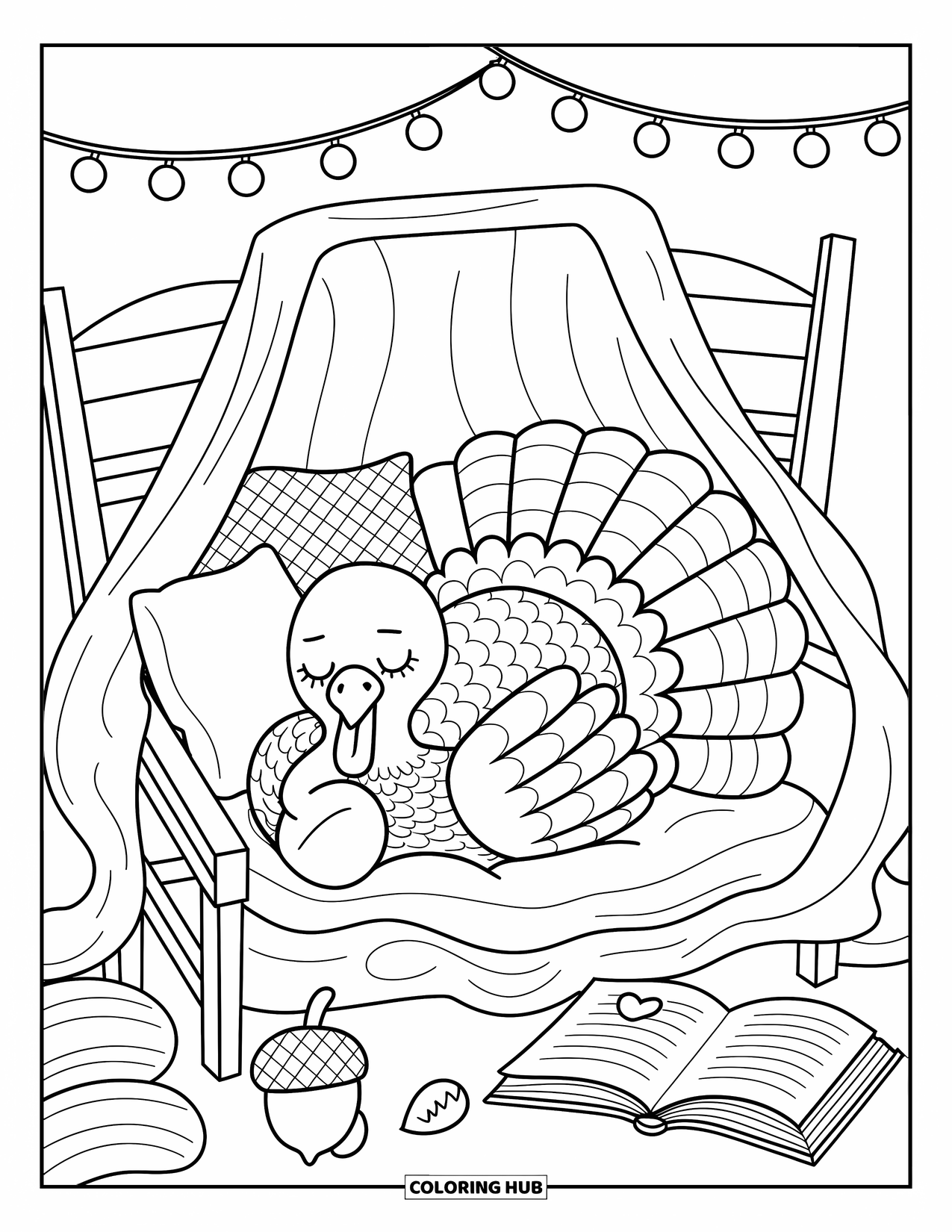 Turkey Coloring Page for Adults: A peaceful turkey cuddles in a cozy blanket fort, holding a tiny plush acorn