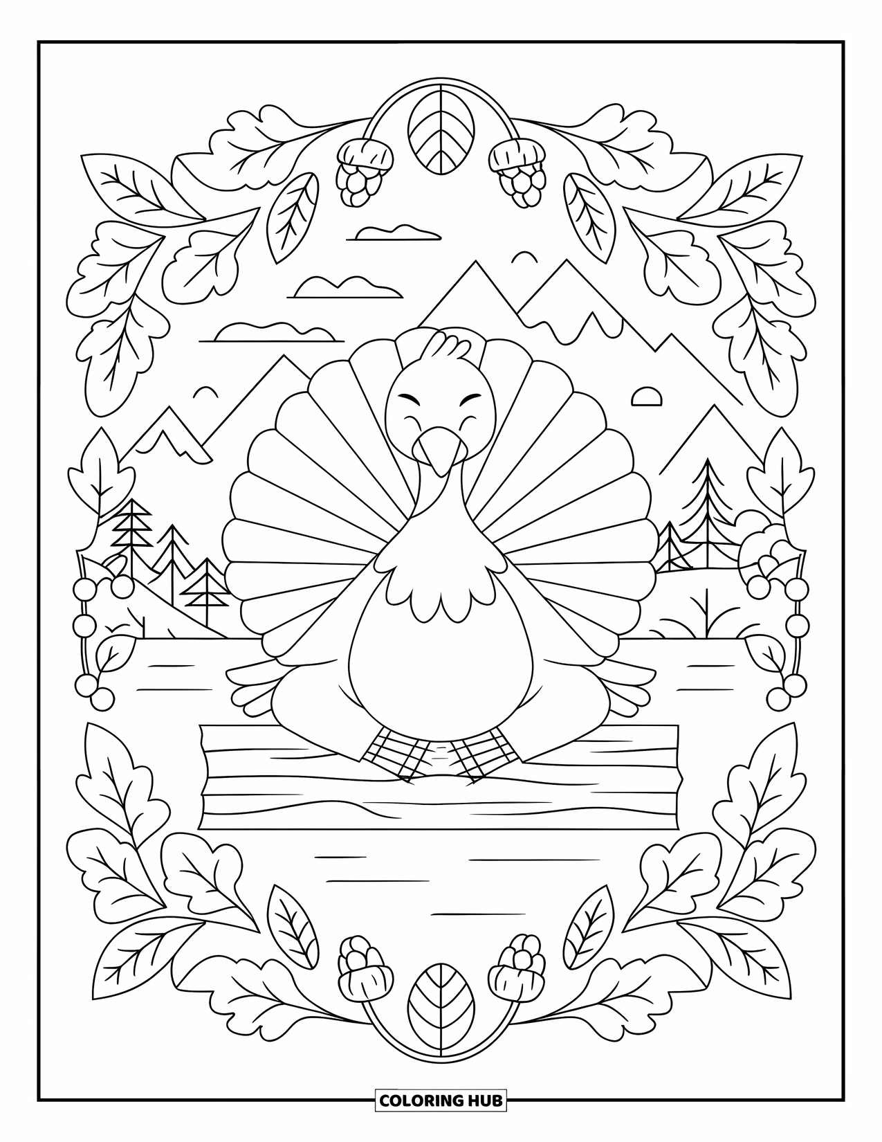 Turkey Coloring Page for Adults: A peaceful turkey sits on a log surrounded by trees, mountains, and a quiet lake