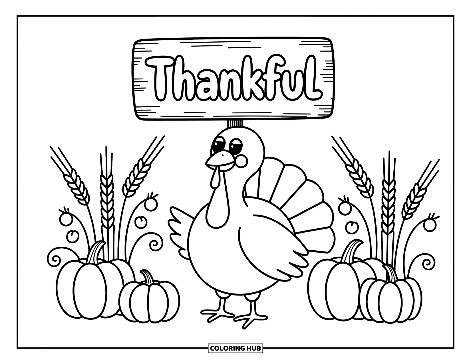 Turkey Coloring Page for Adults: A proud turkey holds a "Thankful" sign with cozy apples, pumpkins, and wheat nearby