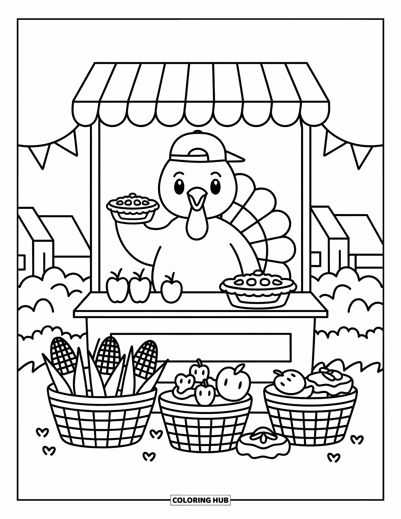 Turkey Coloring Page for Adults: A proud turkey waves at a market stand filled with tiny fruits and veggies