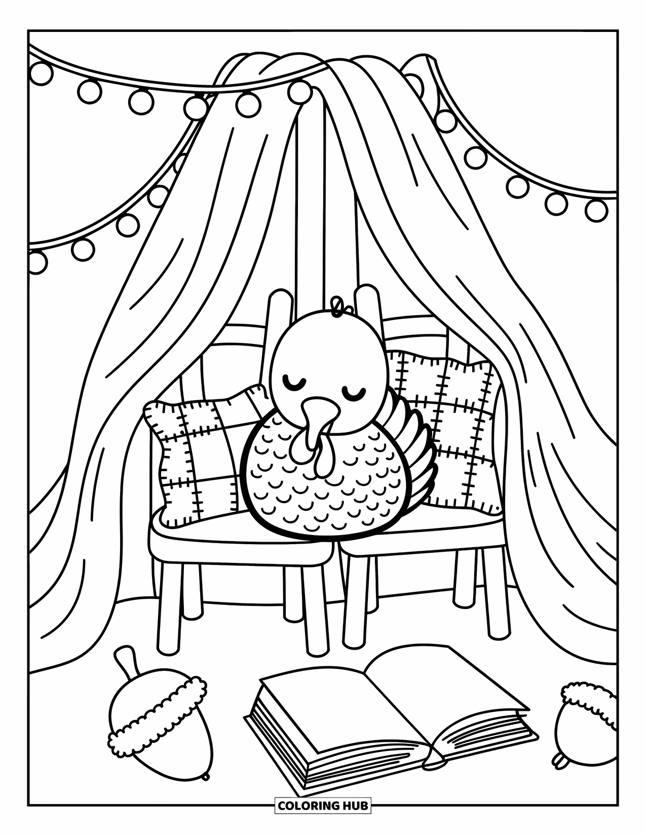 Turkey Coloring Page for Adults: A sleepy turkey curls up in a pillow fort, hugging a plush acorn