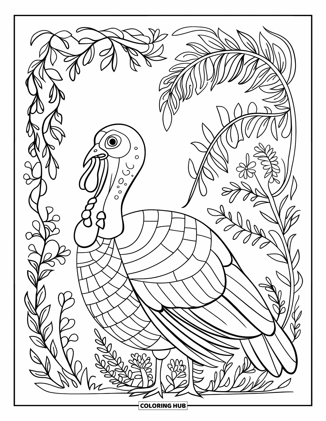 Turkey Coloring Page for Adults: A turkey faces sideways among patterned ferns, vines, and flowers with a decorated background