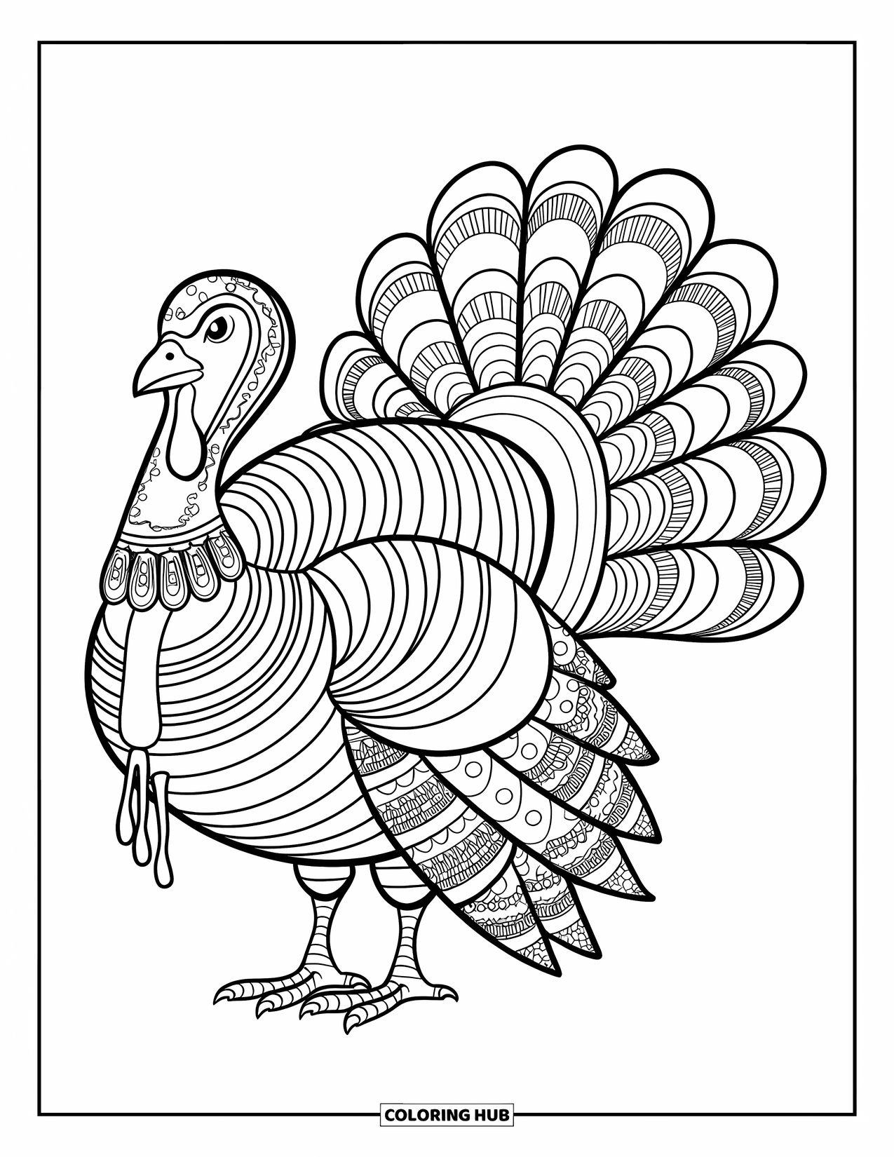 Turkey Coloring Page for Adults: A turkey has mandala-style feathers and stands calmly on a blank background