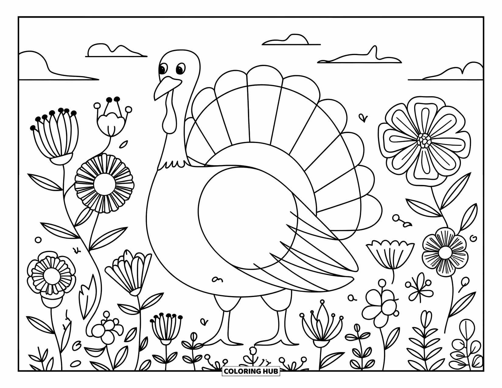 Turkey Coloring Page for Adults: A turkey stands among unique flowers under a calm sky with a few clouds