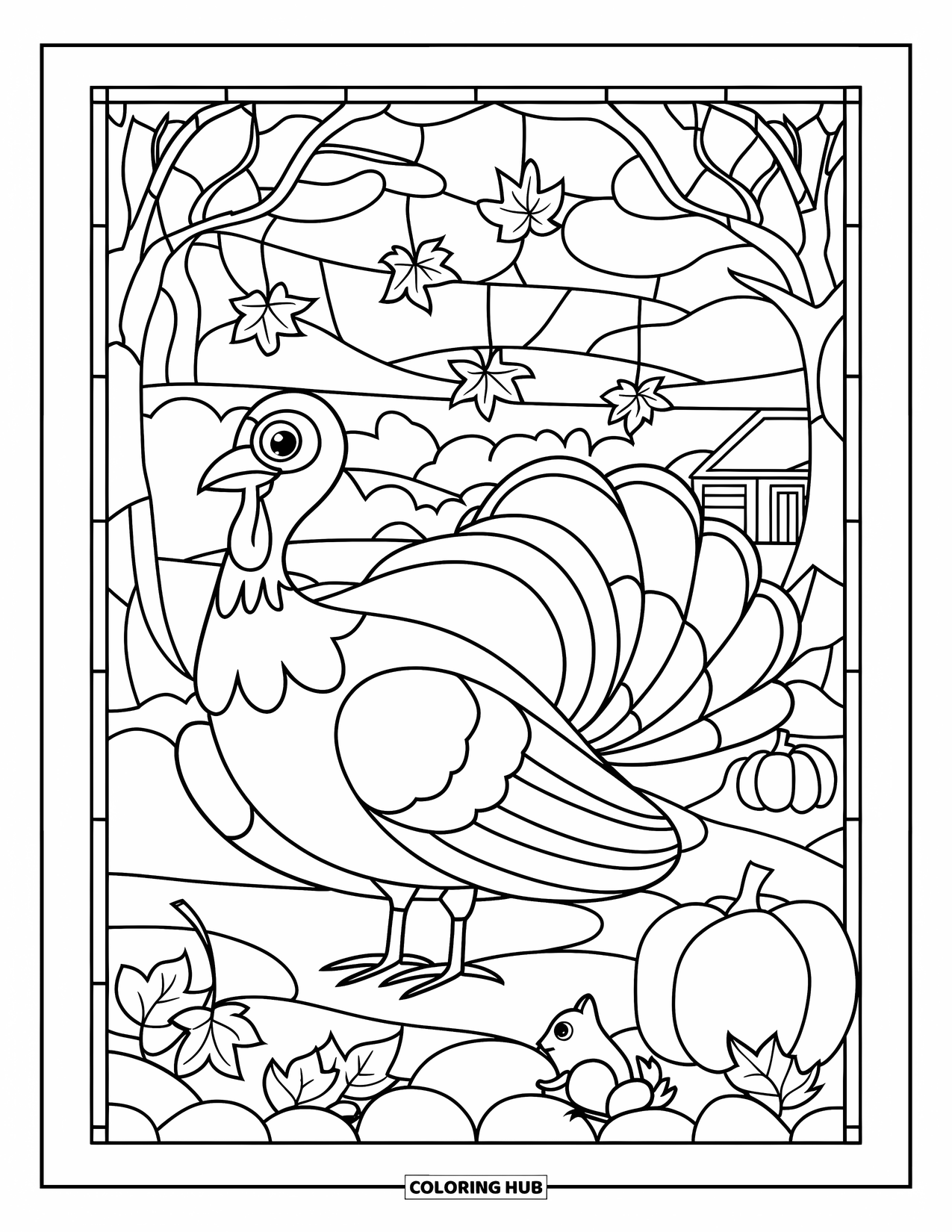Turkey Coloring Page for Adults: A turkey stands beside stained glass art featuring leaves, a squirrel, and a pumpkin
