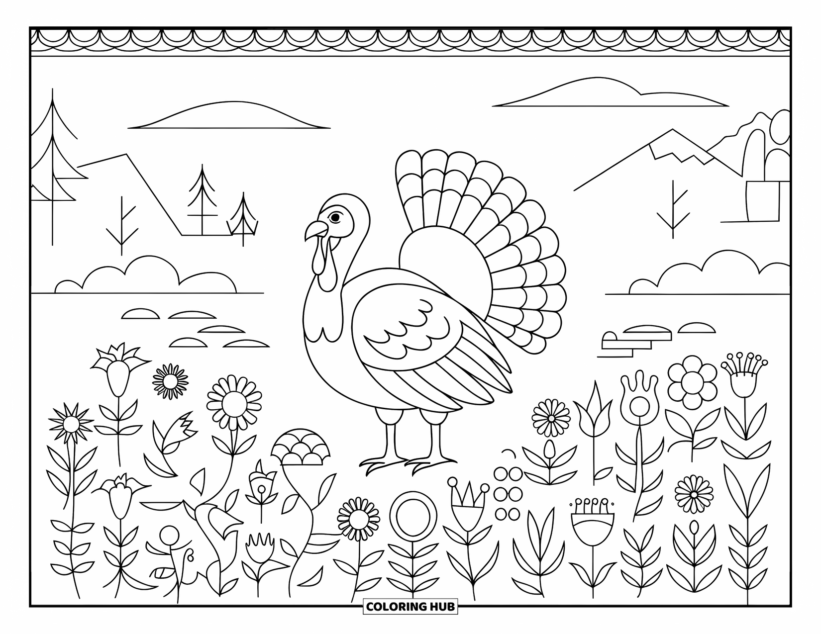 Turkey Coloring Page for Adults: A turkey stands in a flower field with mountains, trees, and a lake around it
