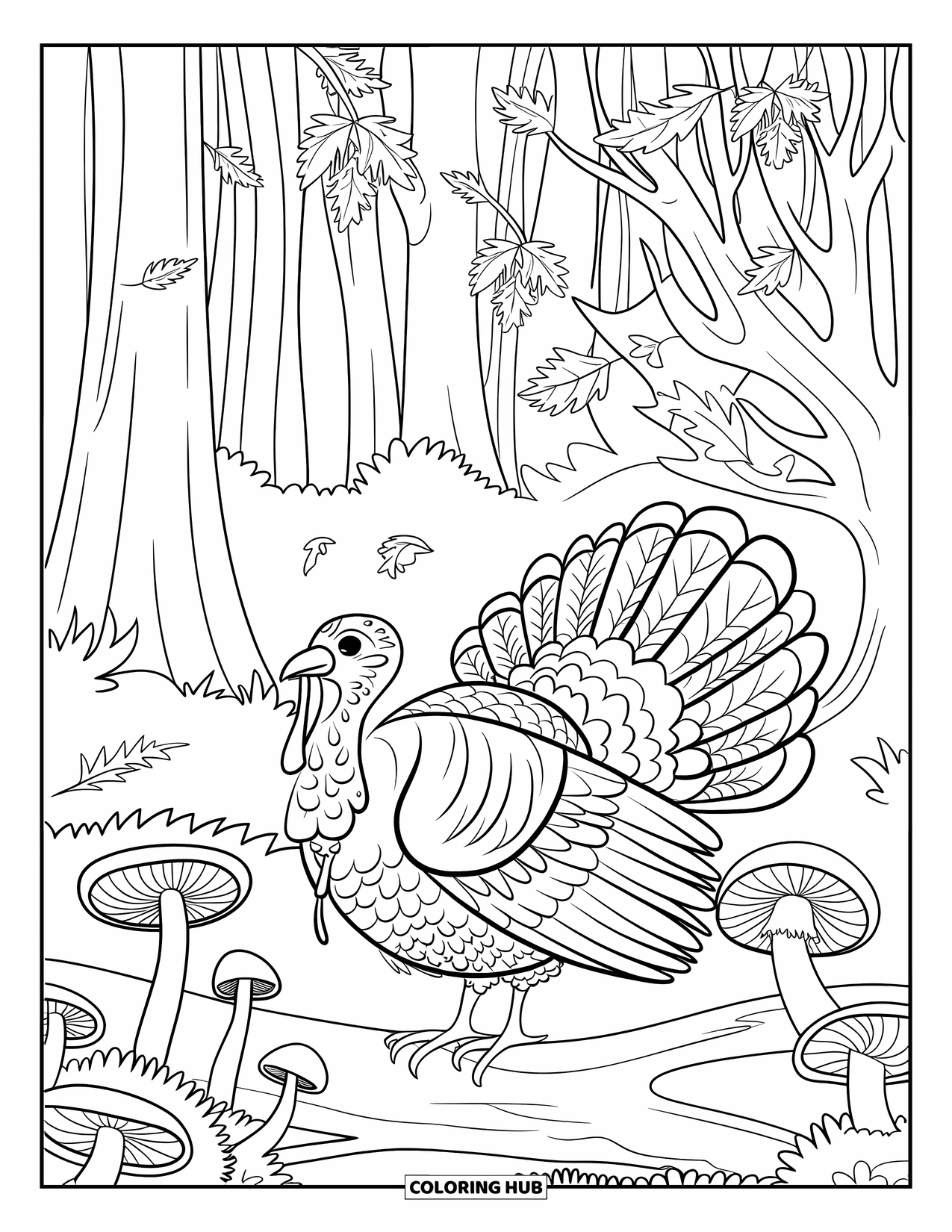 Turkey Coloring Page for Adults: A turkey stands on a log in a forest filled with leaves, trees, and mushrooms