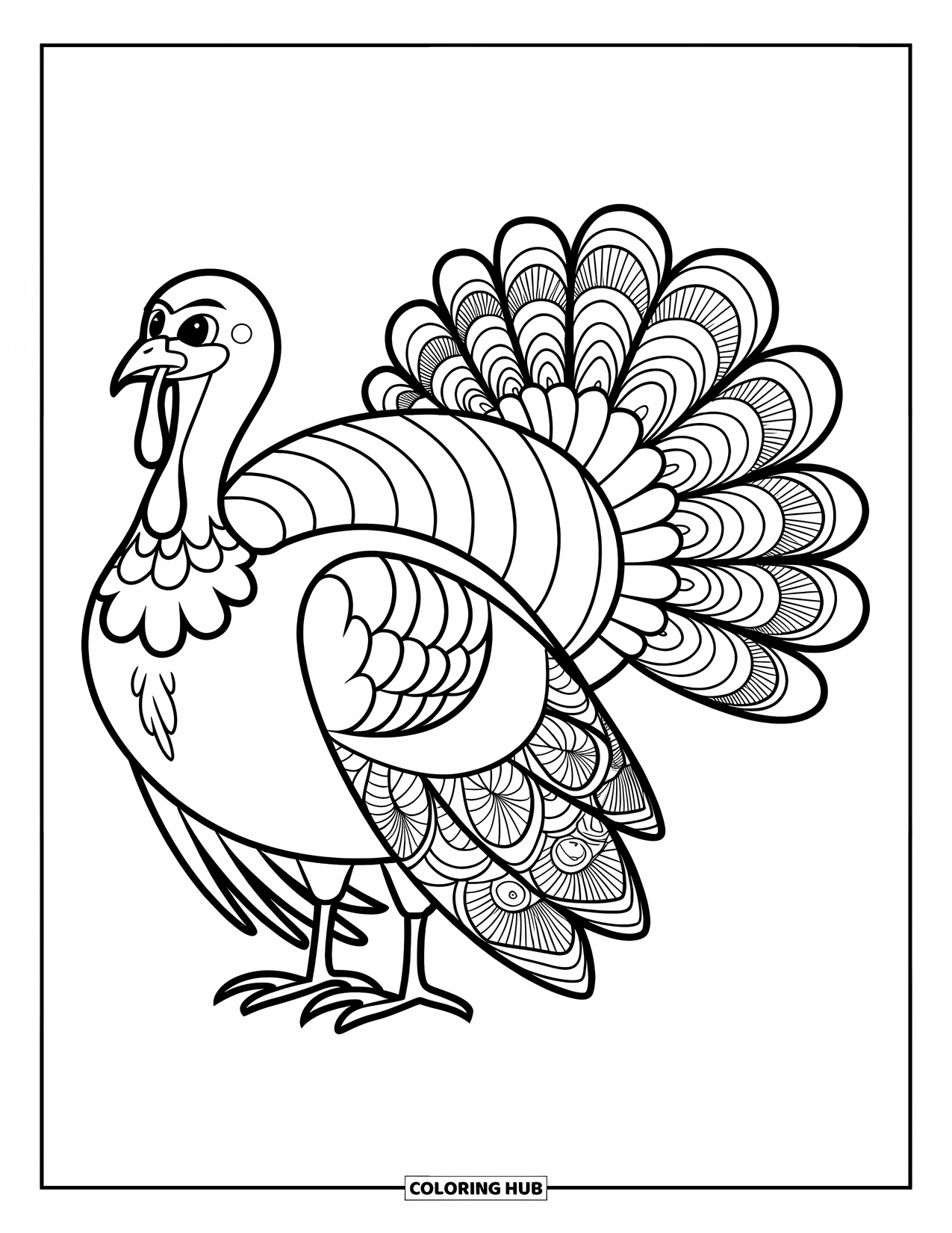 Turkey Coloring Page for Adults: A turkey with detailed mandala feathers stands simply on a blank canvas
