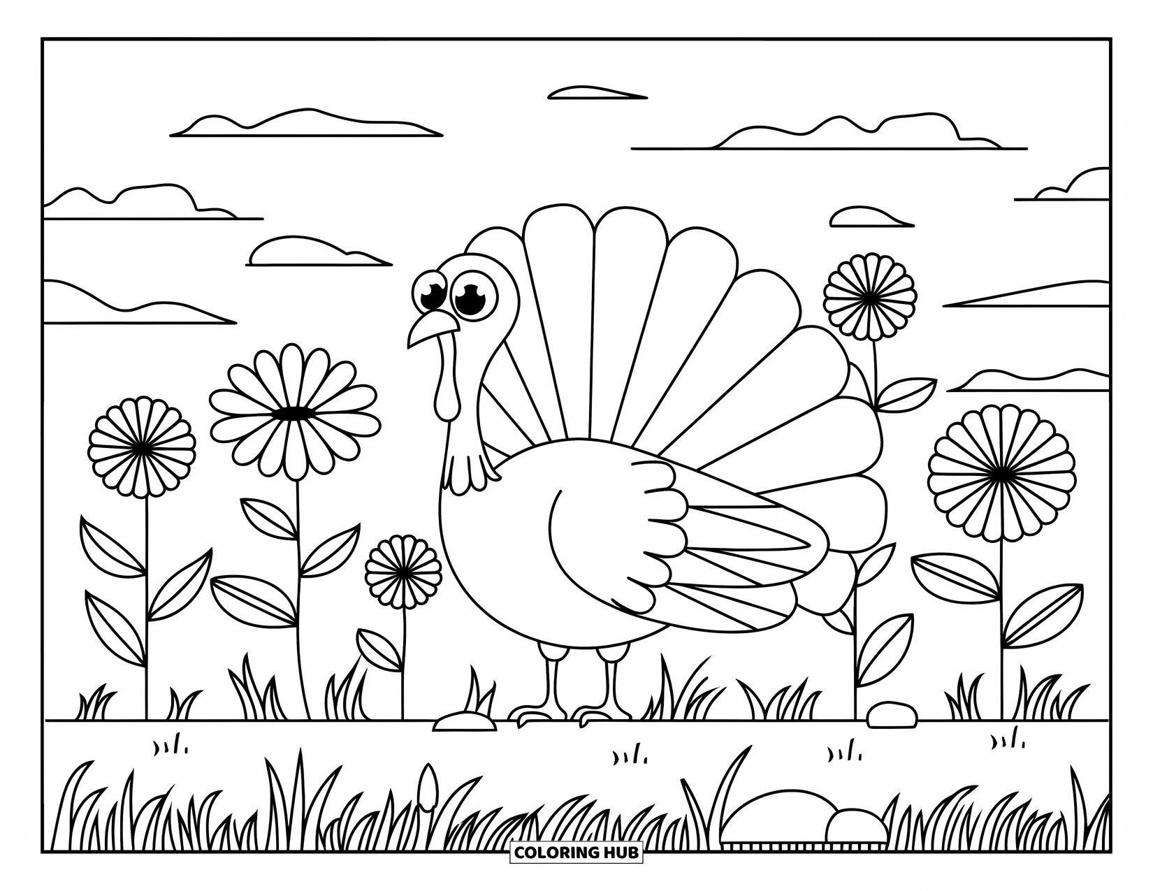 Turkey Coloring Page for Adults: A wide-eyed turkey with open feathers stands on grass with rocks and fluffy clouds