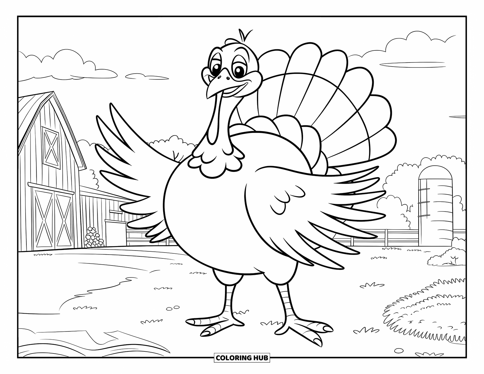 Turkey Coloring Page for Kids: A big, round turkey flaps happily near a barn and silo