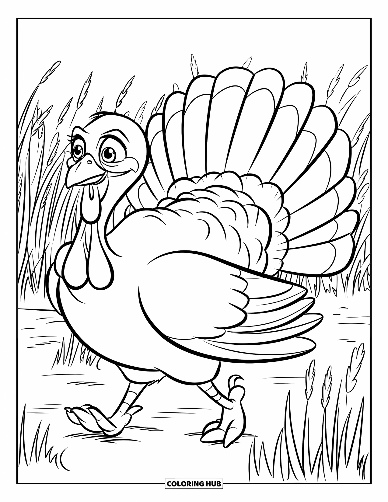 Turkey Coloring Page for Kids: A bright-eyed turkey strolls through a field of waving tall grass