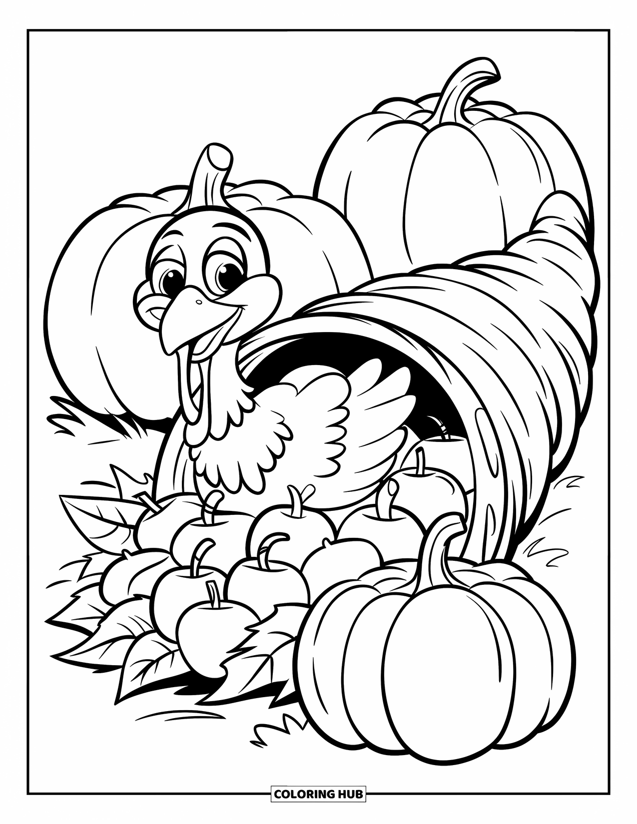 Turkey Coloring Page for Kids: A cheerful turkey hides inside a cornucopia surrounded by pumpkins and apples