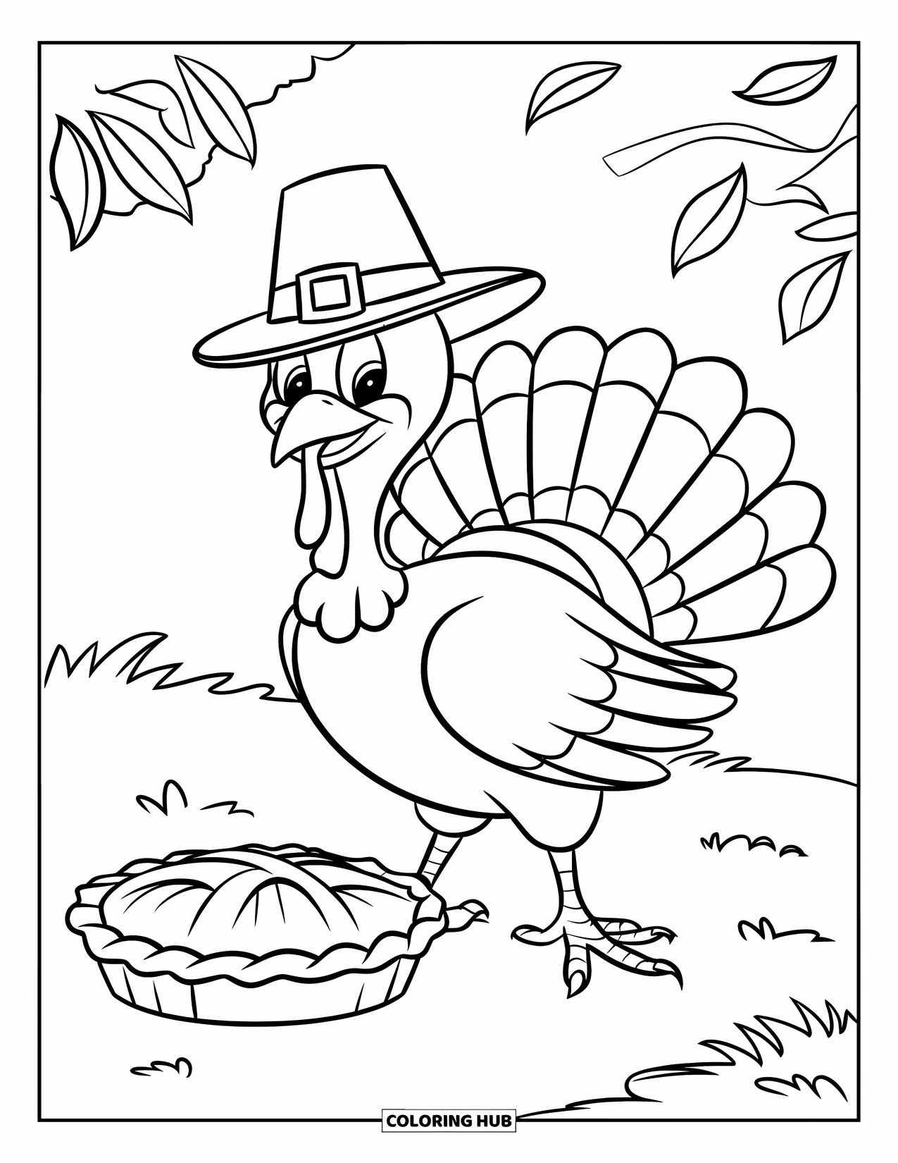 Turkey Coloring Page for Kids: A cheerful turkey in a pilgrim hat stands beside a fresh apple pie
